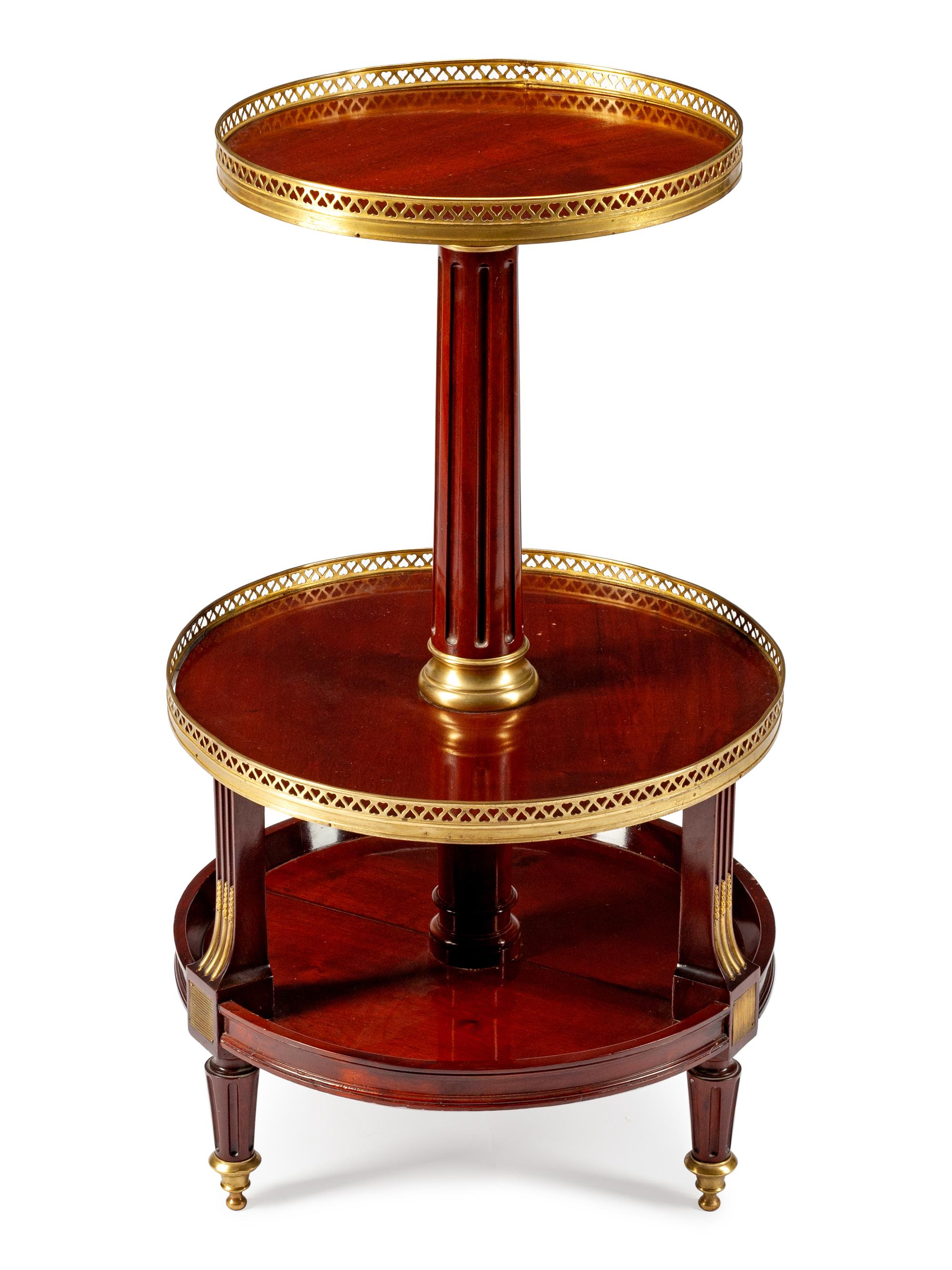 A Louis XVI Style Gilt-Bronze-Mounted Mahogany Three-Tier Dessert Table