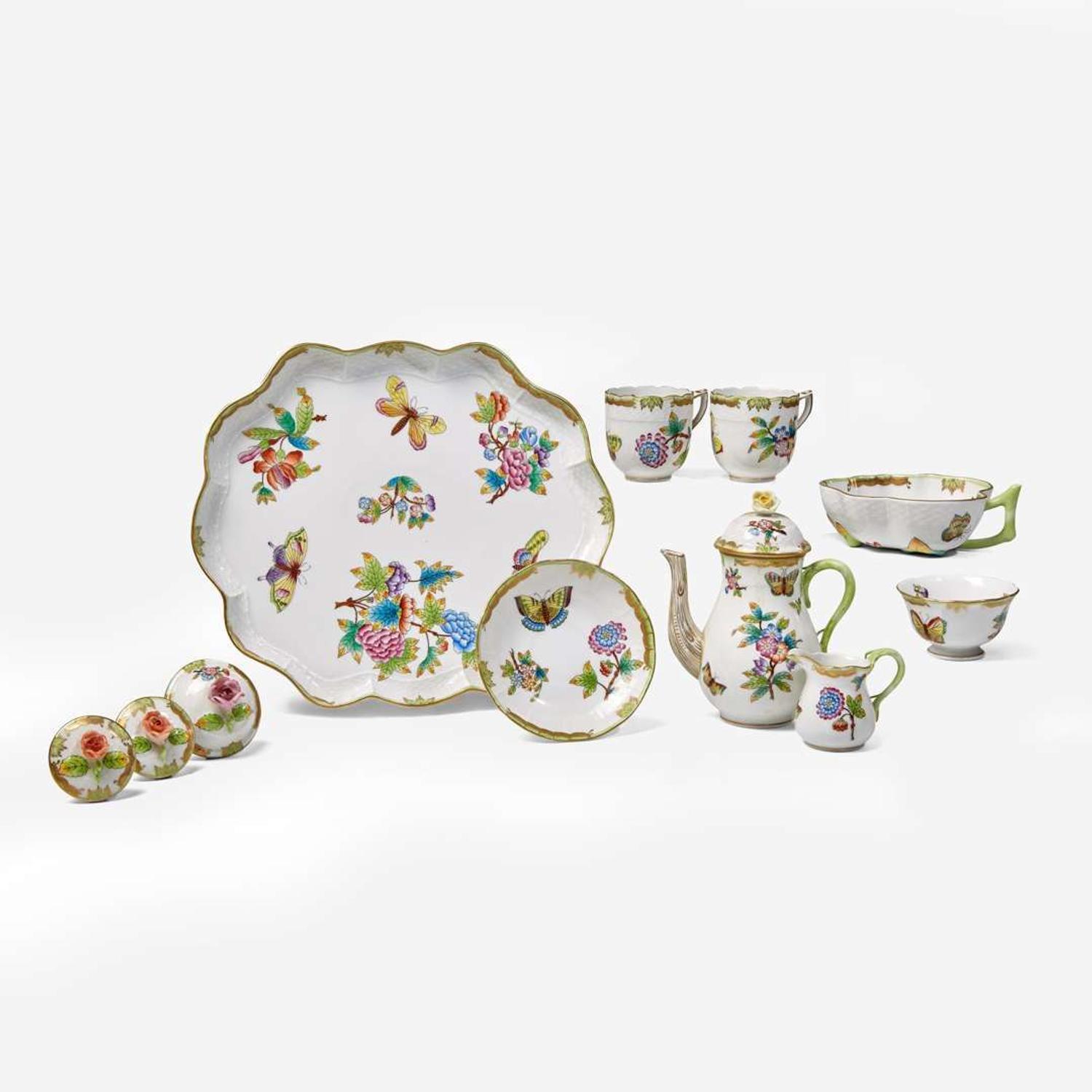 A Herend porcelain demitasse service in the "Queen Victoria" pattern Modern, blue printed factory marks