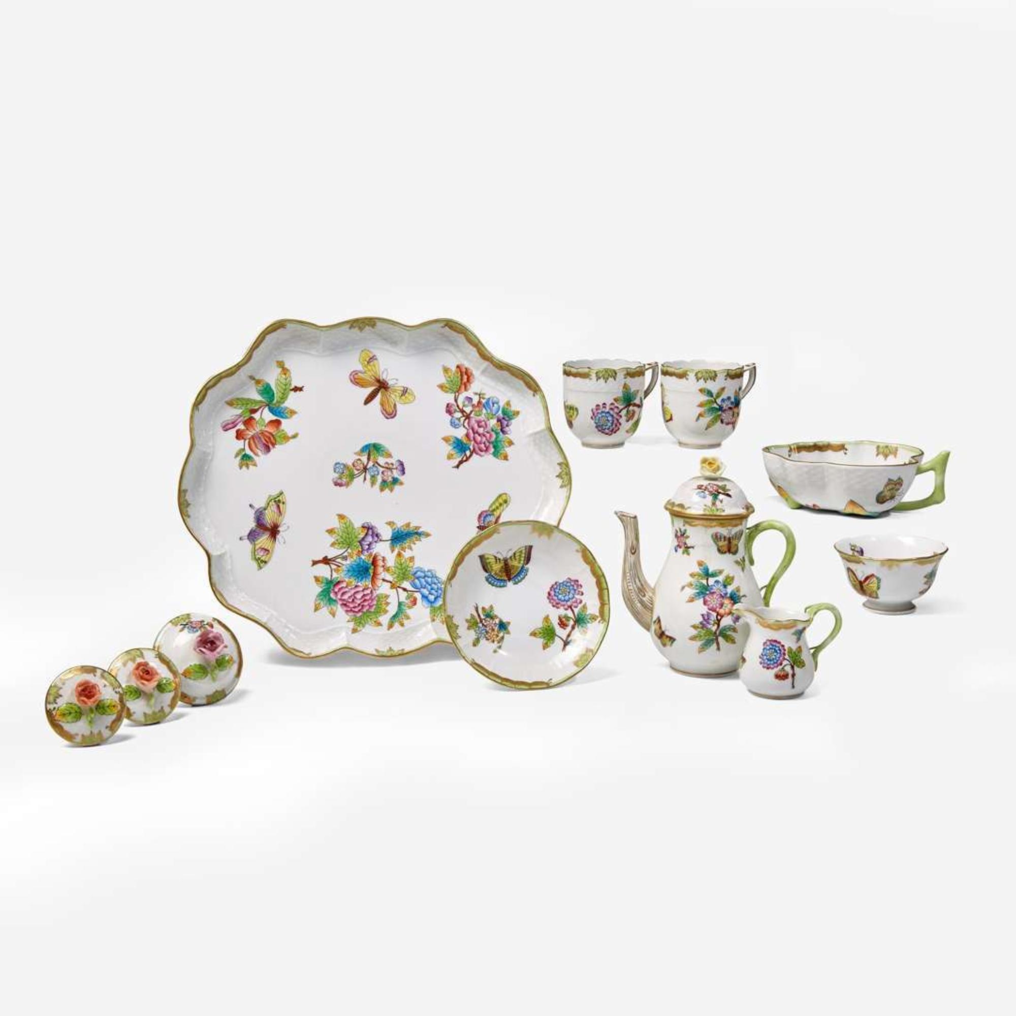 A Herend porcelain demitasse service in the "Queen Victoria" pattern Modern, blue printed factory marks