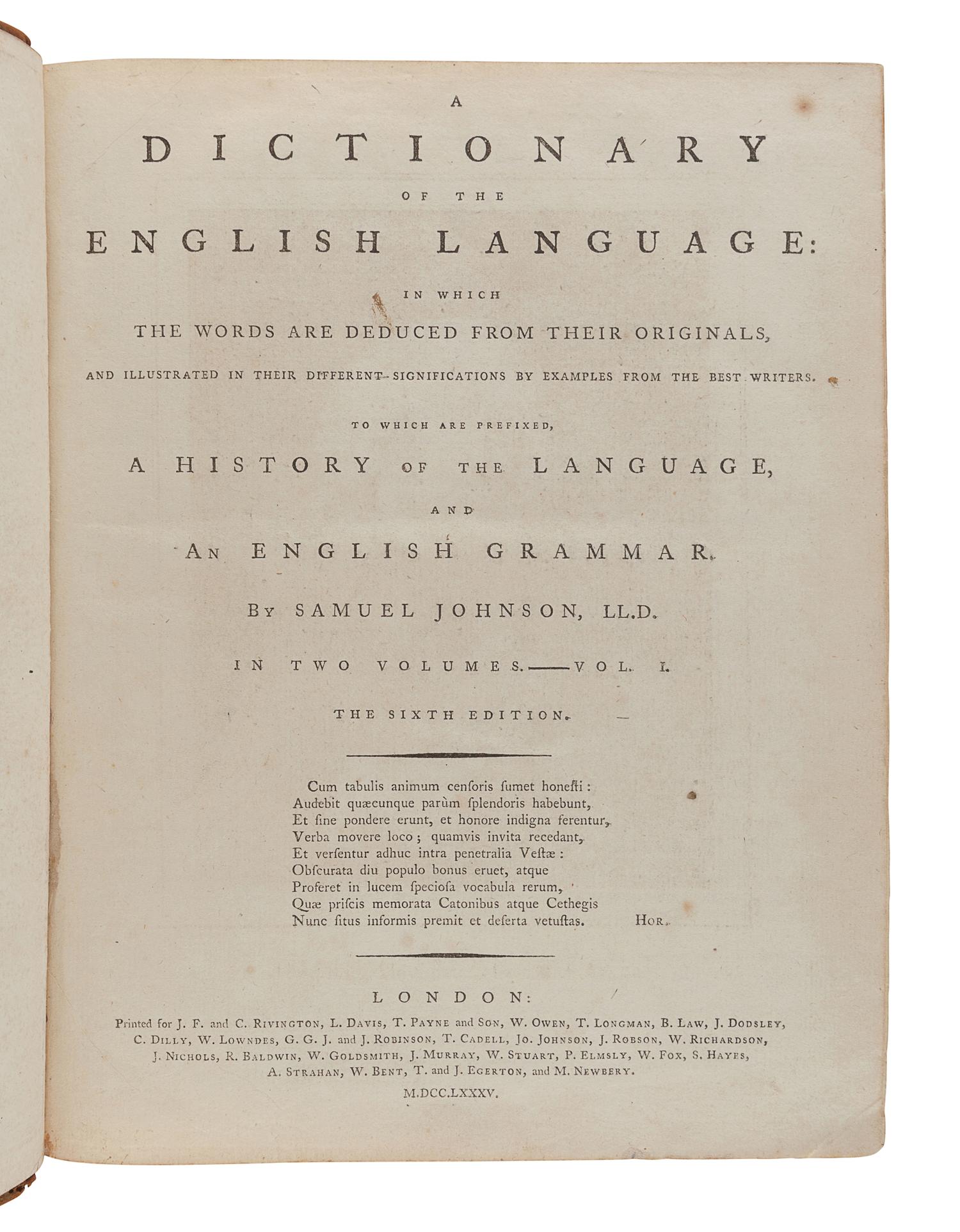 JOHNSON, Samuel (1709-1784). A Dictionary of the English Language . London: for J. F. and C. Rivington and others, 1785.
