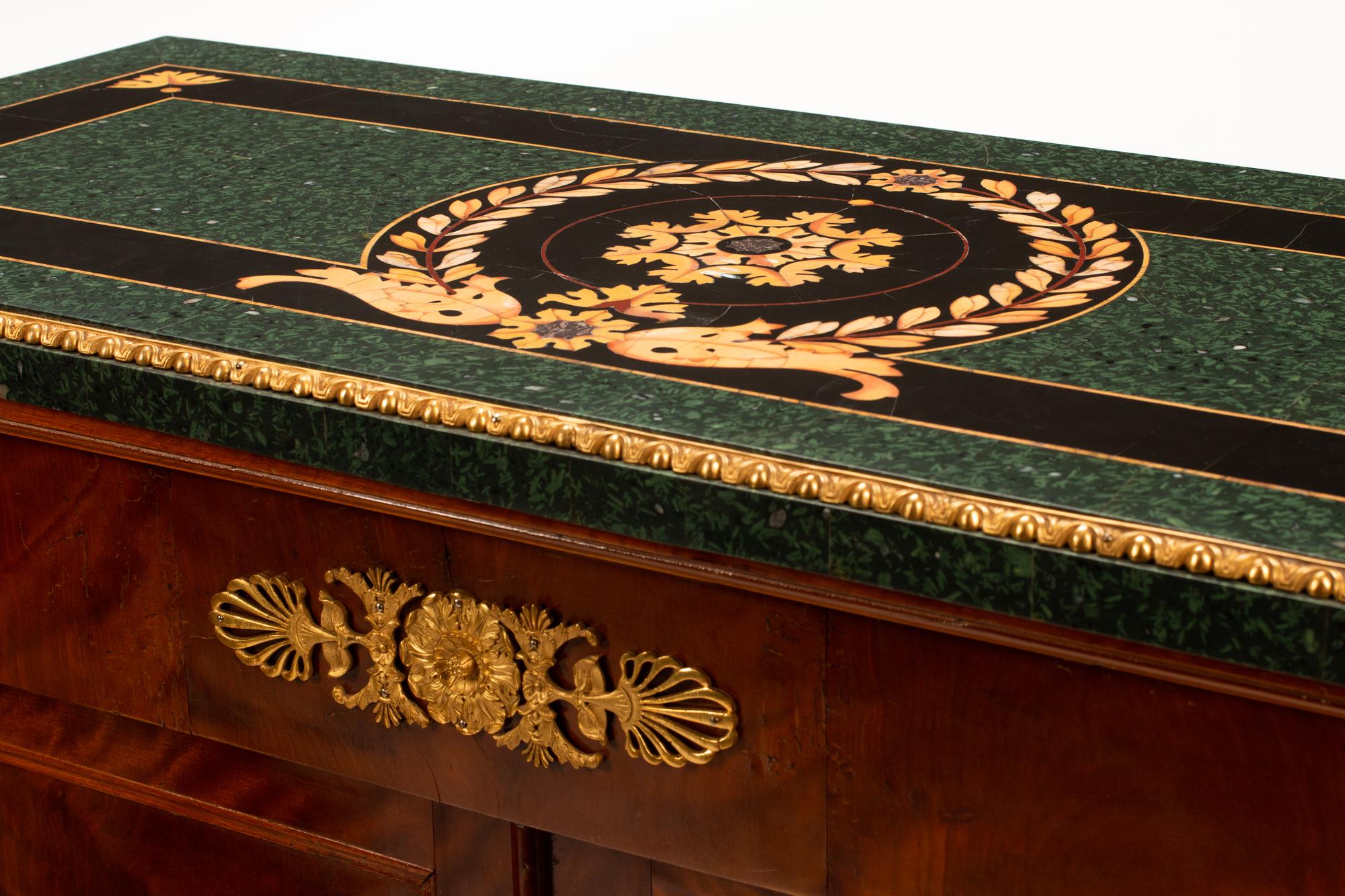 A Pair of Empire Style Gilt Bronze Mounted Cabinets with Specimen Marble Tops