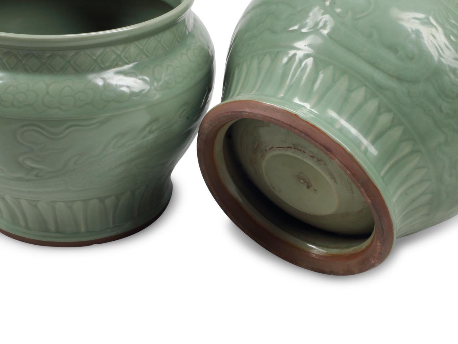 A Pair of Chinese Celadon Porcelain Jardinieres