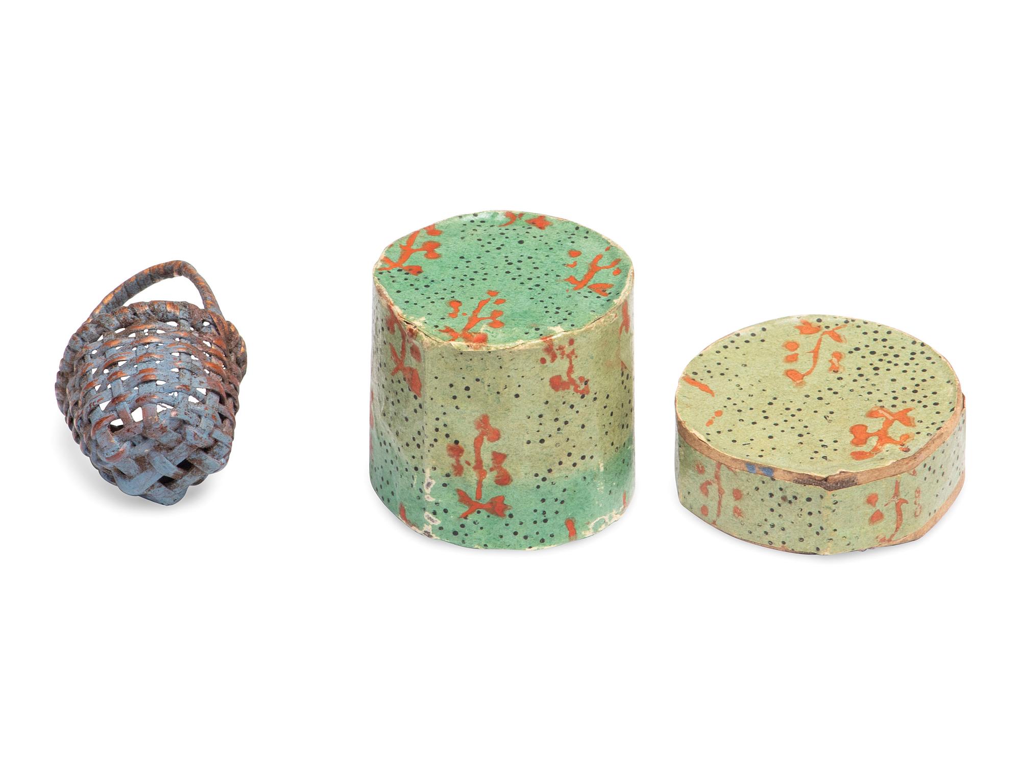A Miniature Wallpaper Hat Box and Miniature Basket
