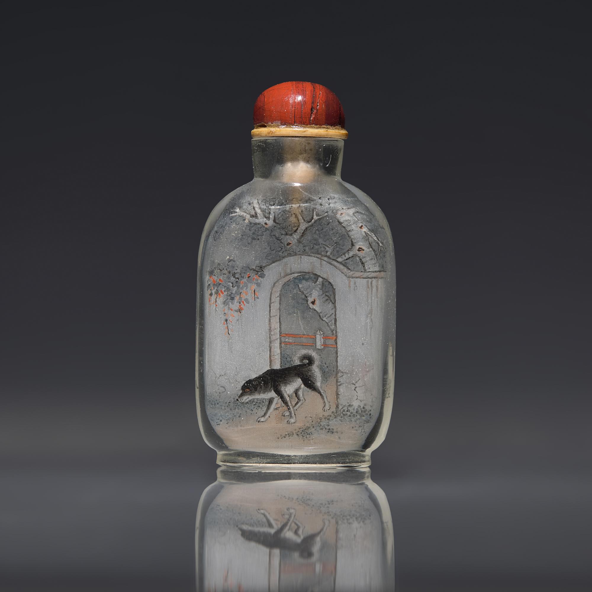 A Chinese Interior-Painted Glass Snuff Bottle, Ma Shaoxuan, Qing Dynasty, Late 19th-early 20th Century — 清晚期 馬少宣作玻璃內畫稚犬圖配詩文鼻煙壺