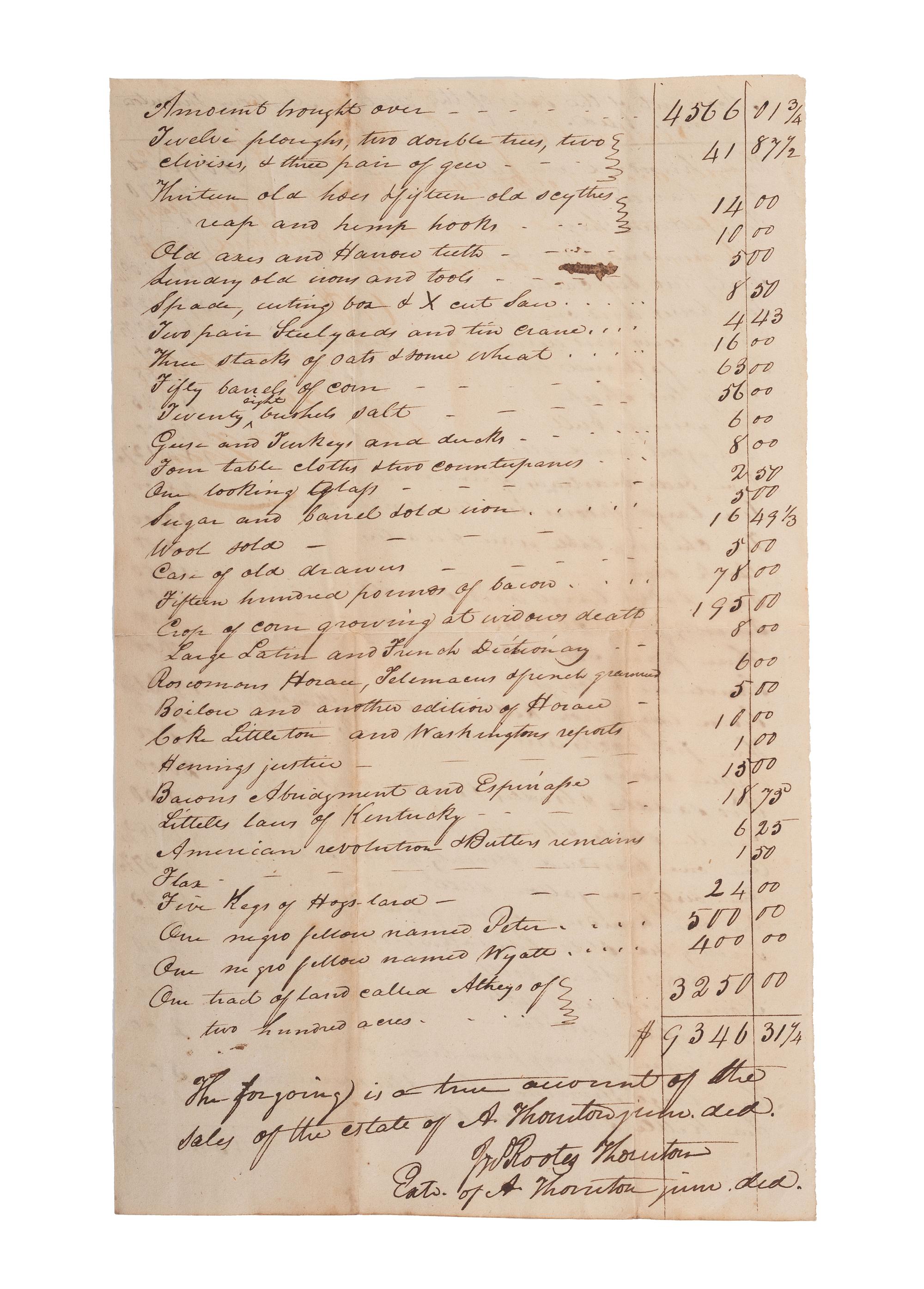[SLAVERY & ABOLITION]. A group of 9 documents related to the enslavement of individuals in Bourbon County, Kentucky, incl. estate appraisement of a horse breeder who enslaved six people.