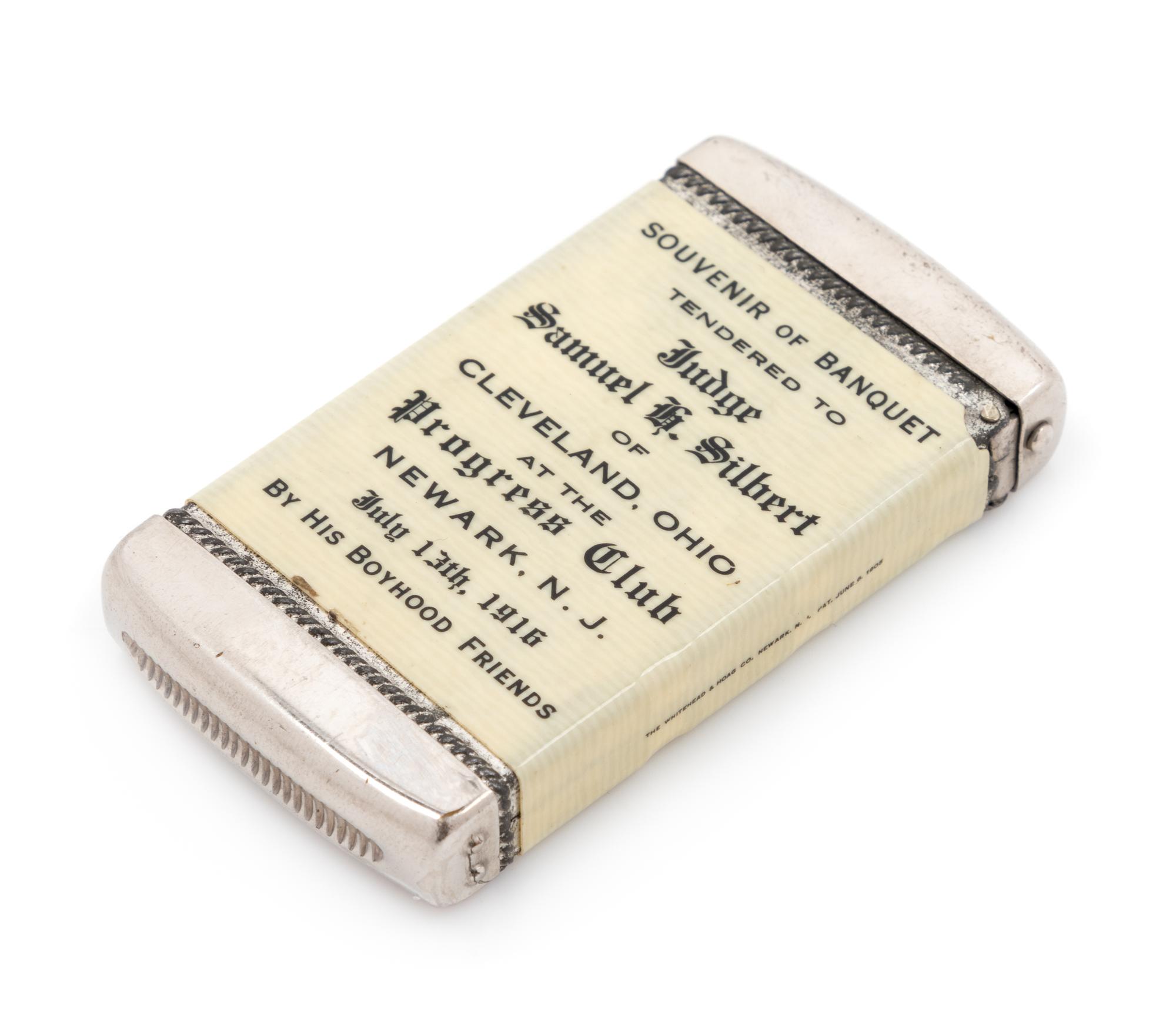 An American Celluloid and Mixed Metal Commemorative Match Safe Height 2 7/8 inches. — CIRCA 1916