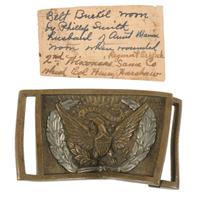 Private Philip E. Smith, Company E, Iron Brigade, 2nd Wisconsin. Bullet-struck Model 1851 NCO belt plate worn when wounded at the Battle of Gainesville, VA, 28 August 1862.