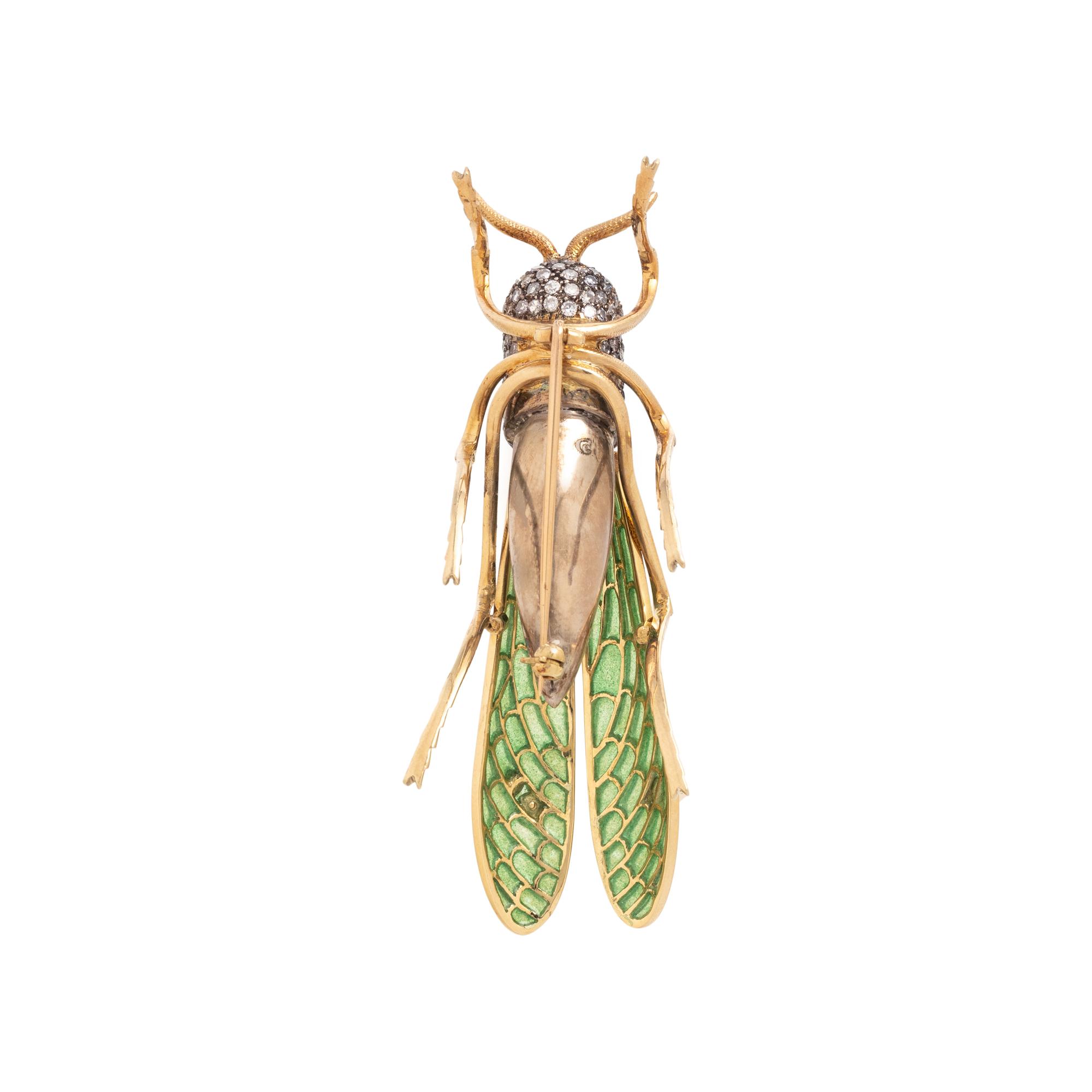 EVELYN CLOTHIER, DIAMOND, PLIQUE-À-JOUR ENAMEL AND CULTURED PEARL GRASSHOPPER BROOCH
