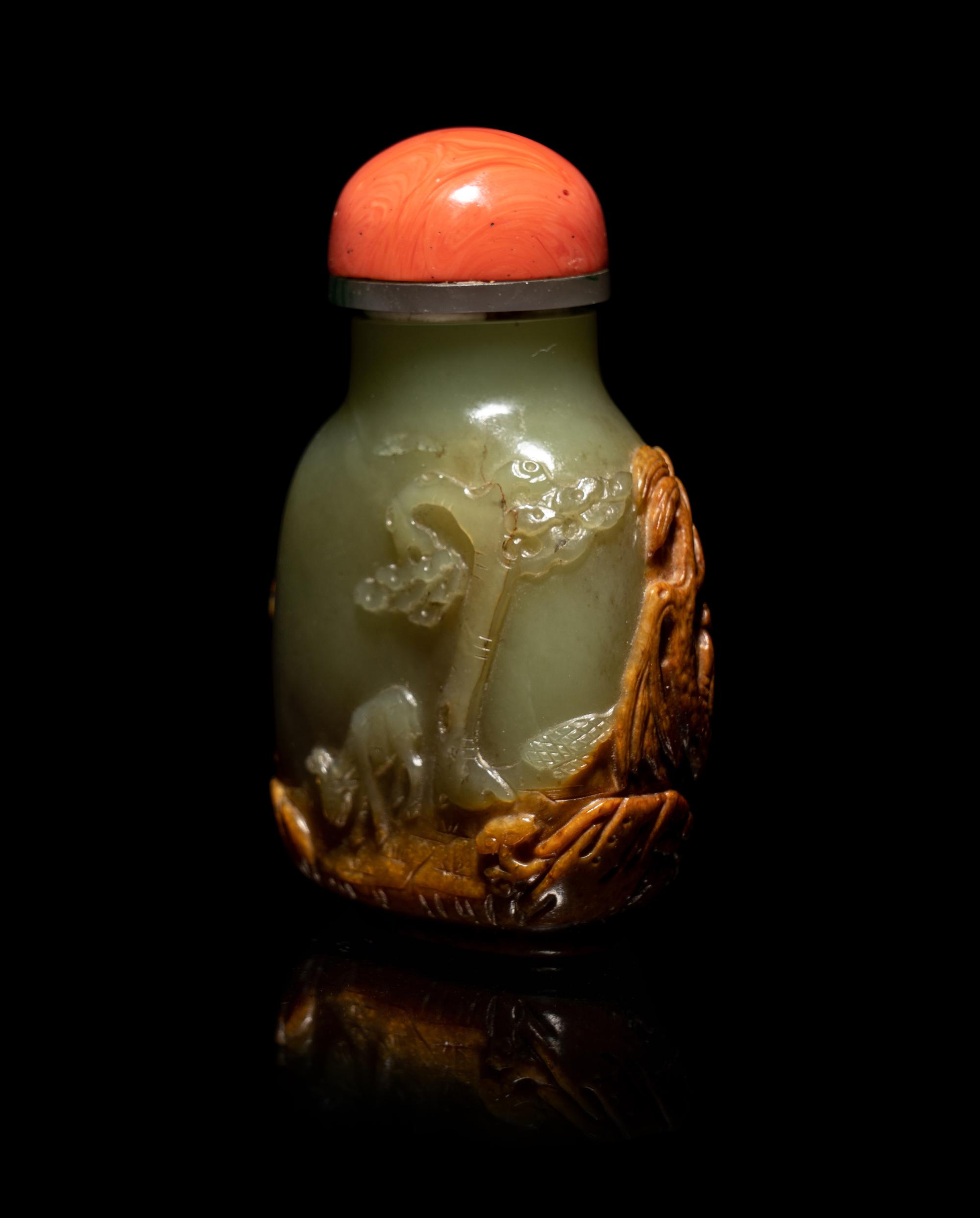 A Chinese Russet and Yellow Jade Snuff Bottle