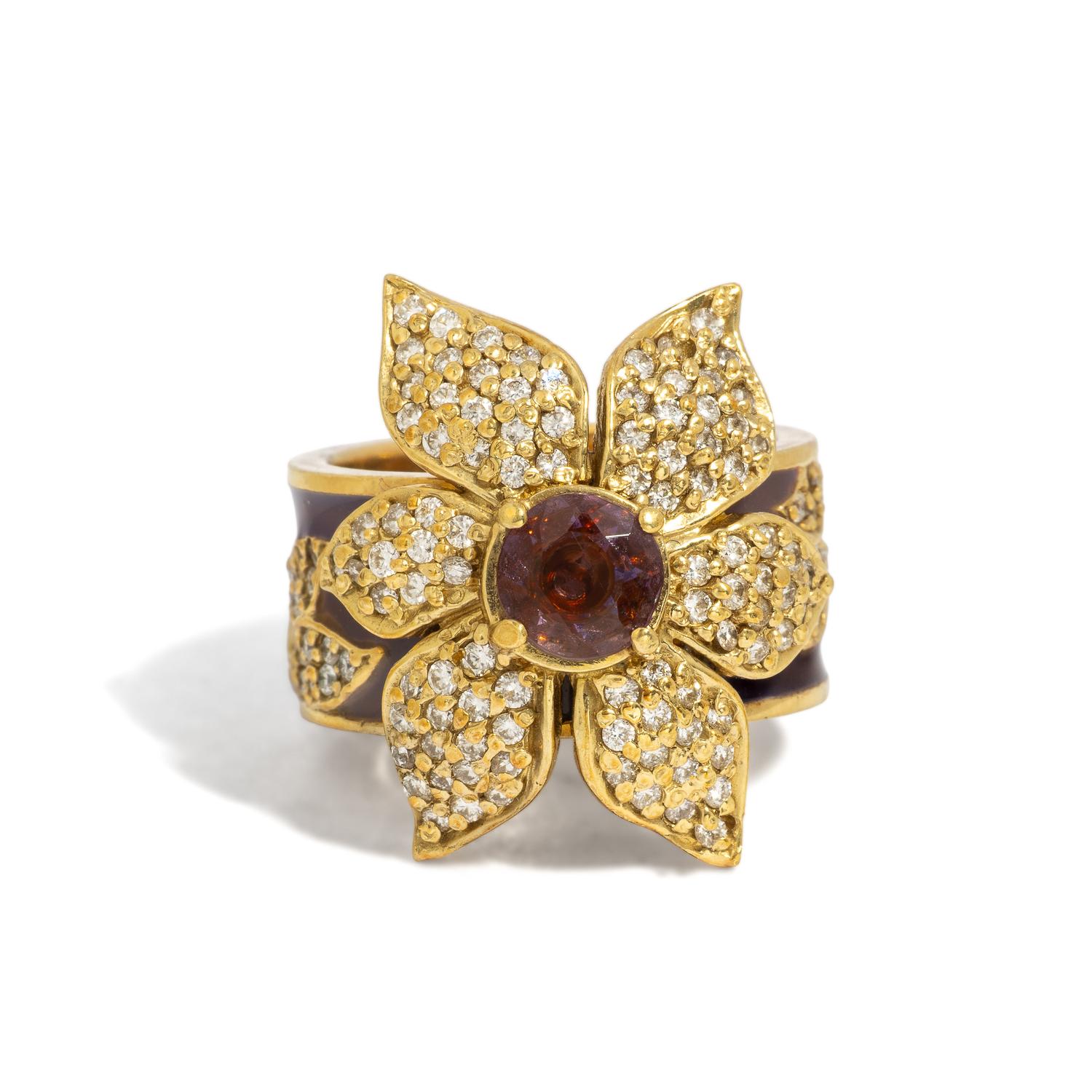 BARRY KRONEN, YELLOW GOLD, DIAMOND, AMETHYST, AND ENAMEL FLOWER RING