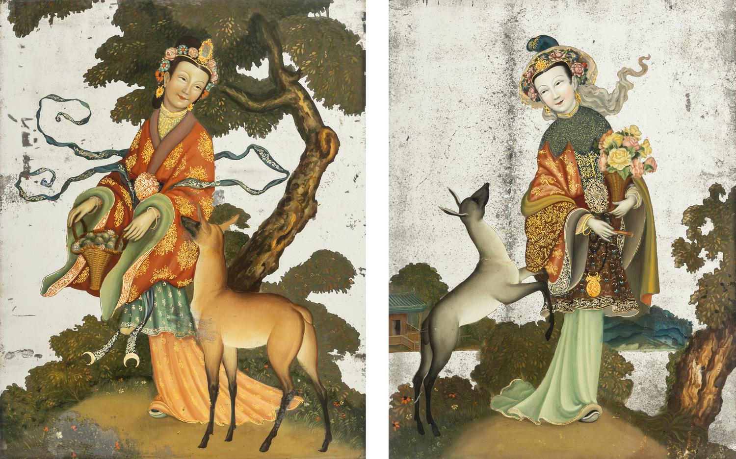 A Pair of Chinese Export Reverse-Painted Mirrors