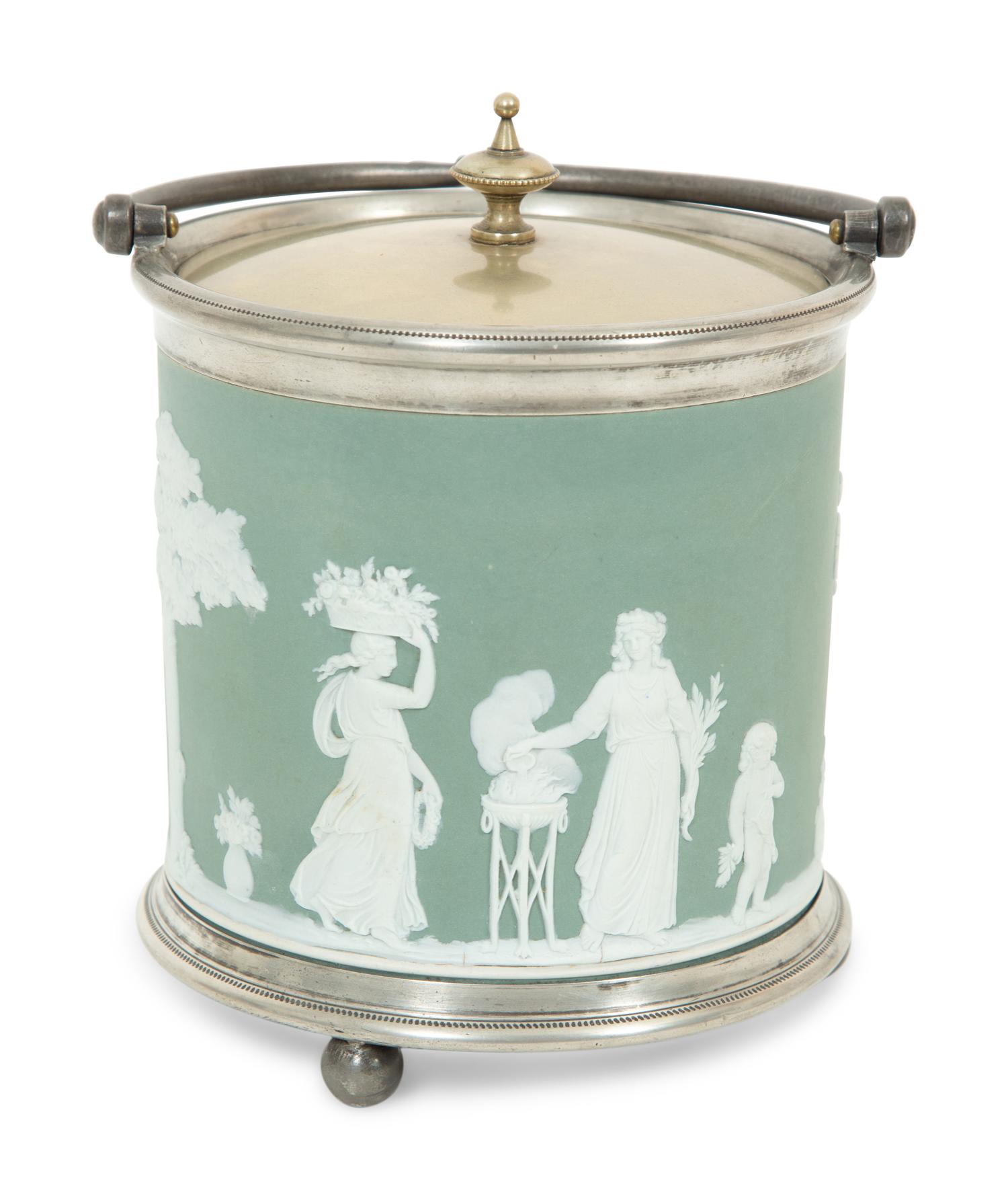 A Green Wedgwood Jasperware Portland Vase and Biscuit Barrell with Silver Plate Handle, Top and Base combined with biscuit barrell 323704/124