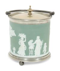 A Green Wedgwood Jasperware Portland Vase and Biscuit Barrell with Silver Plate Handle, Top and Base combined with biscuit barrell 323704/124