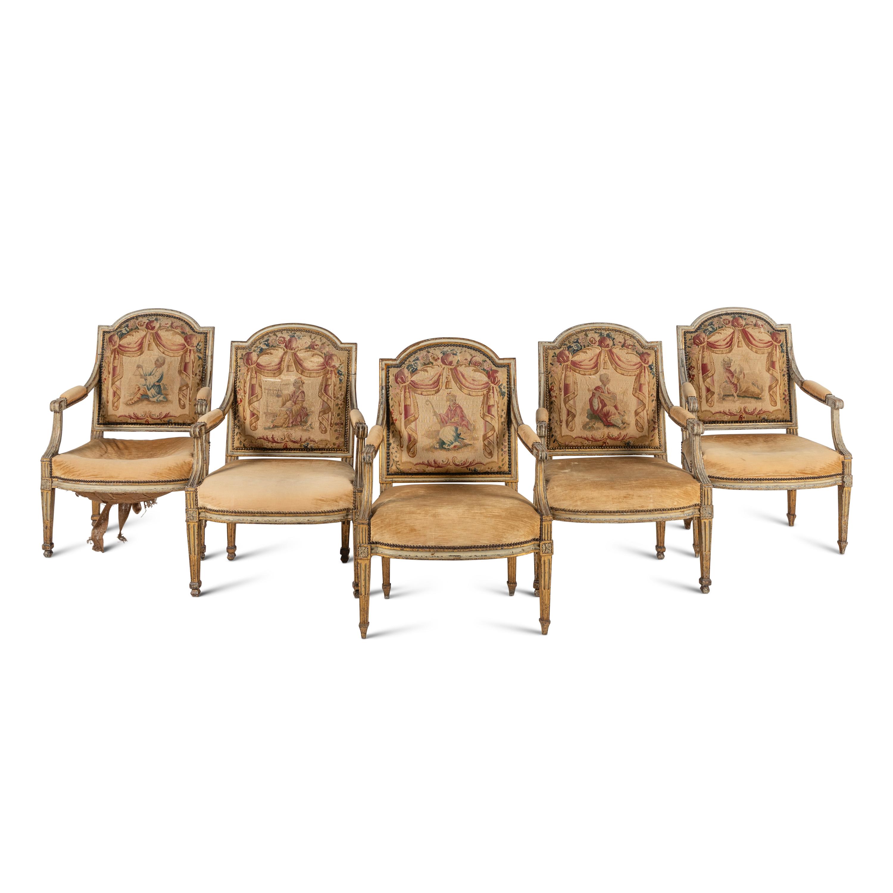 A Set of Five Louis XVI Tapestry Upholstered Fauteuils