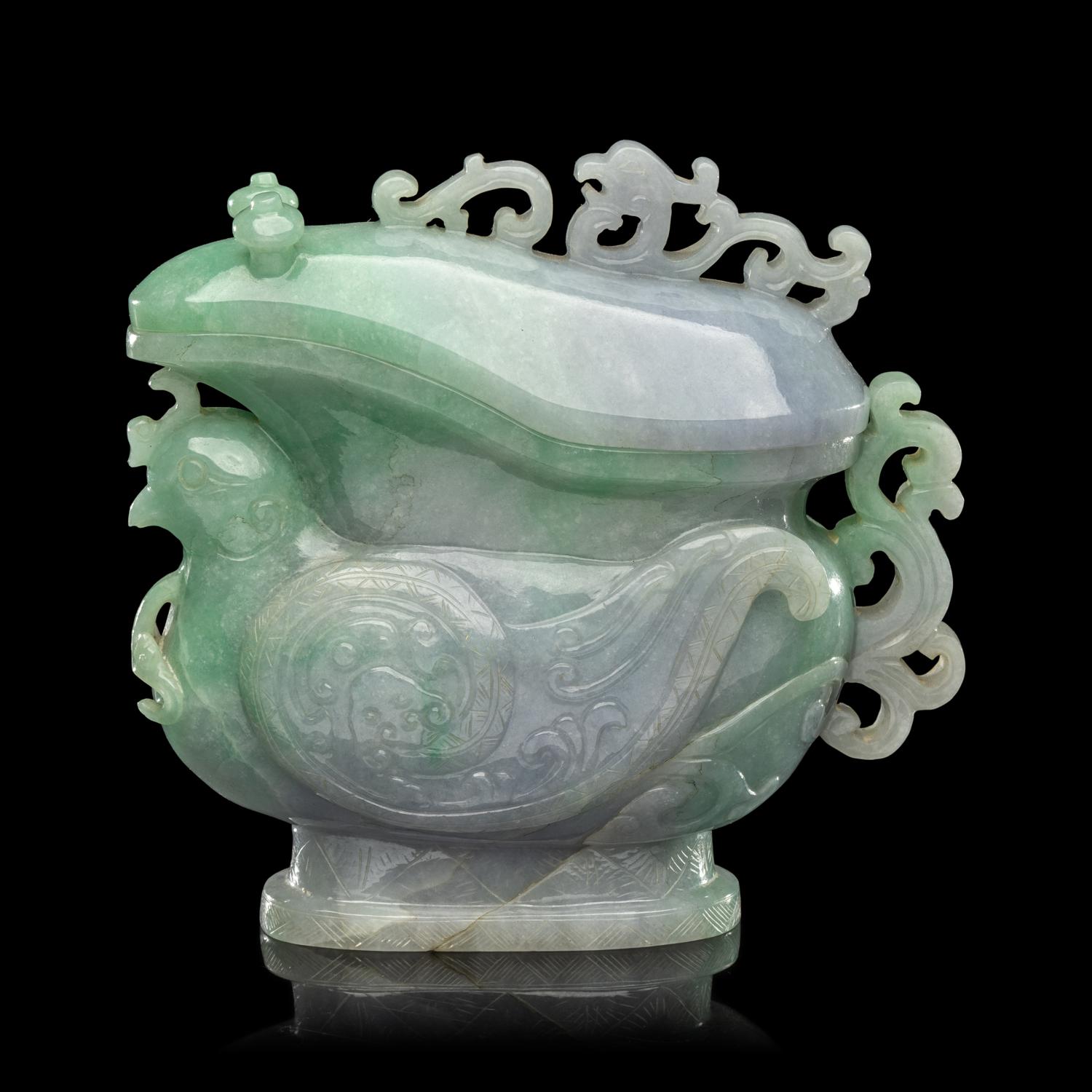 A Chinese Apple Green and Lavender Jadeite 'Phoenix' Covered Gong Vessel, Late 19th-20th Century 晚清-民國 翡翠鳳紋觥