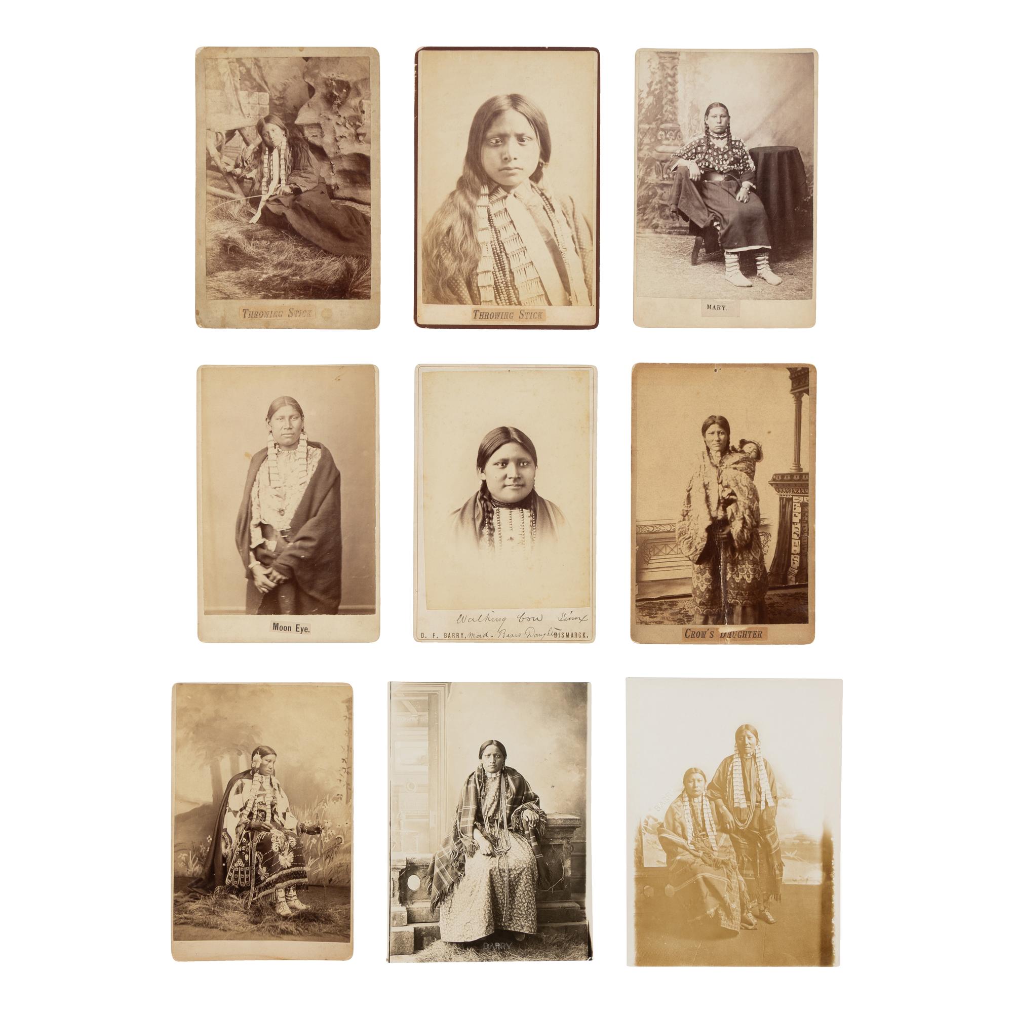 David F. Barry (American, 1854-1934) — Nine Photographs of Female Native American Subjects, Including "Throwing Stick" and "Walking Cow"