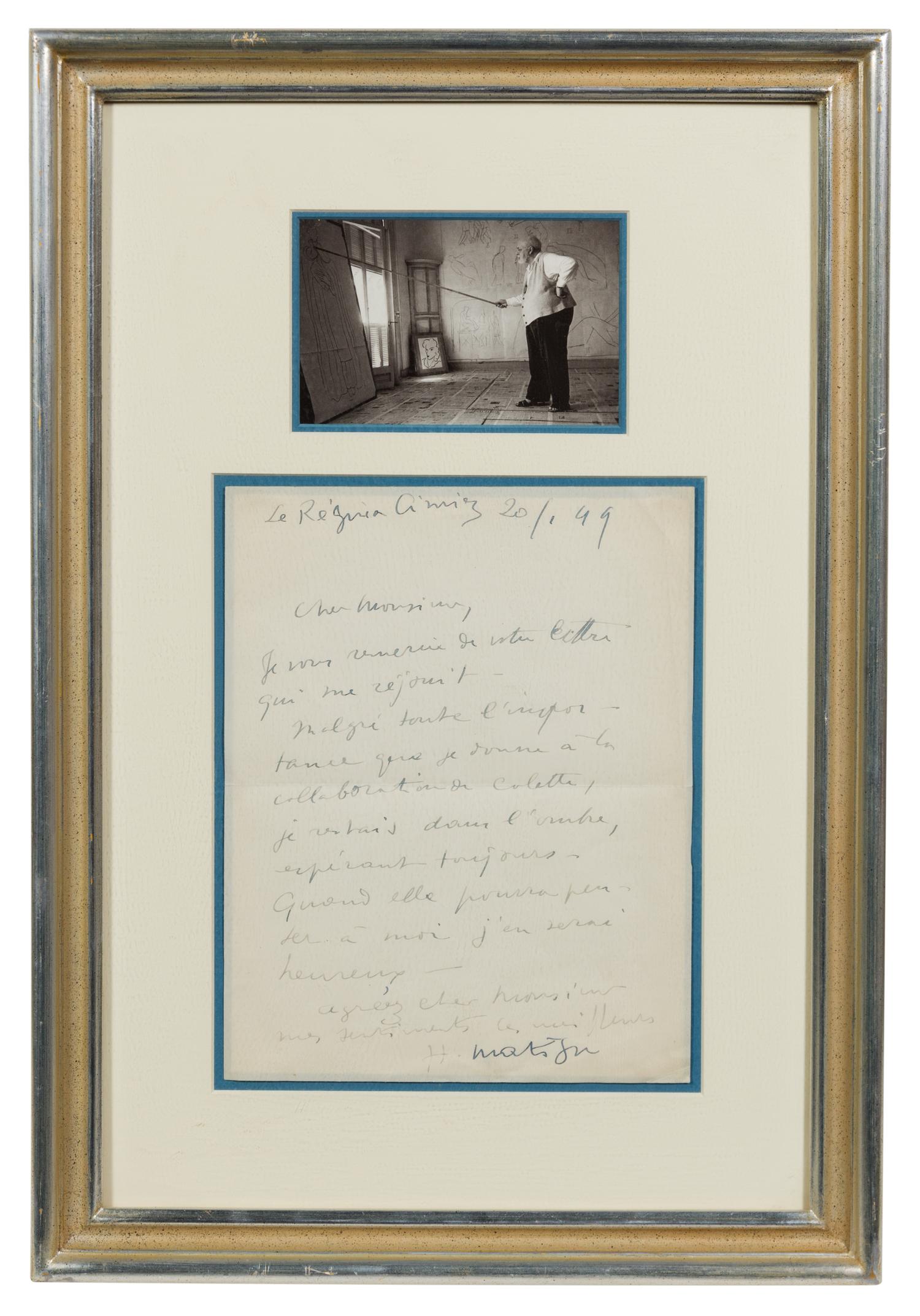 MATISSE, Henri (1869-1954). Autographed letter signed ("H. Matisse"), in French, to an unnamed recipient, Cimiez, 20 January 1949.