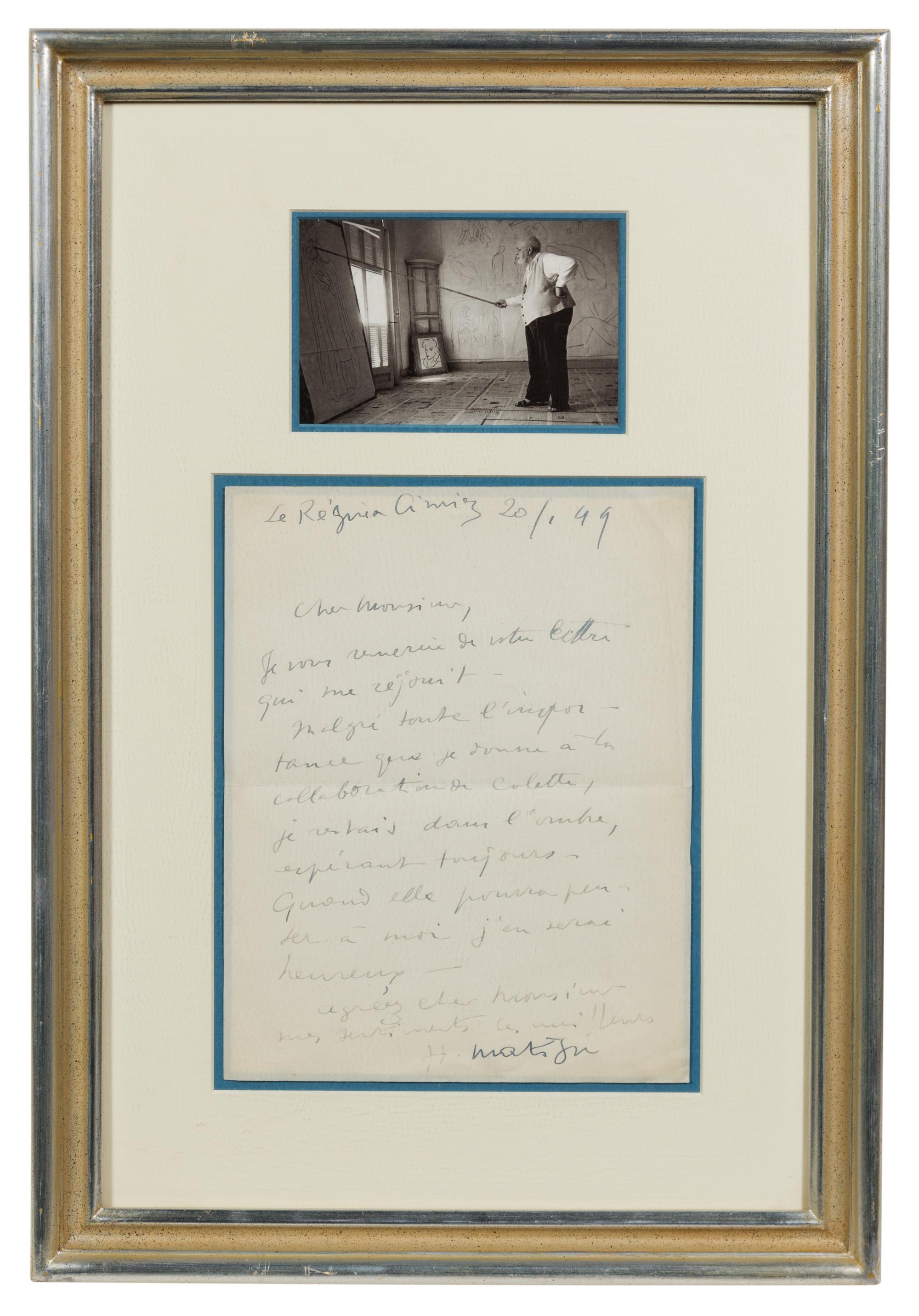 MATISSE, Henri (1869-1954). Autographed letter signed ("H. Matisse"), in French, to an unnamed recipient, Cimiez, 20 January 1949.
