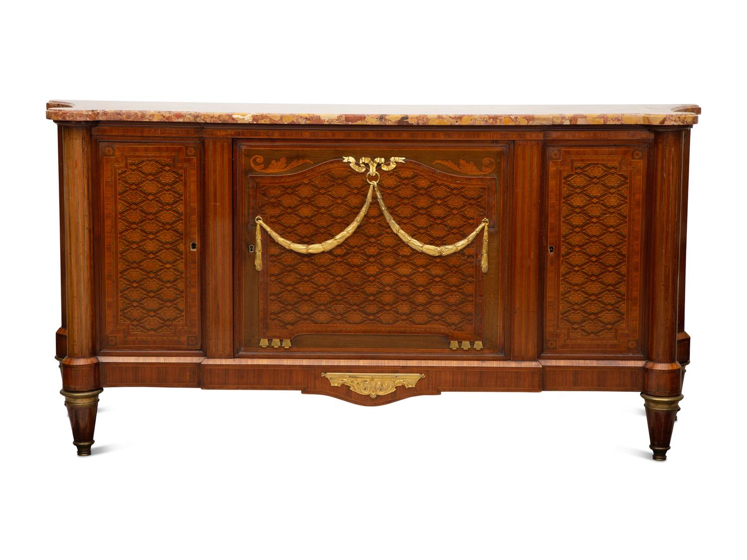 A Louis XVI Style Gilt Bronze Mounted Parquetry Marble-Top Commode