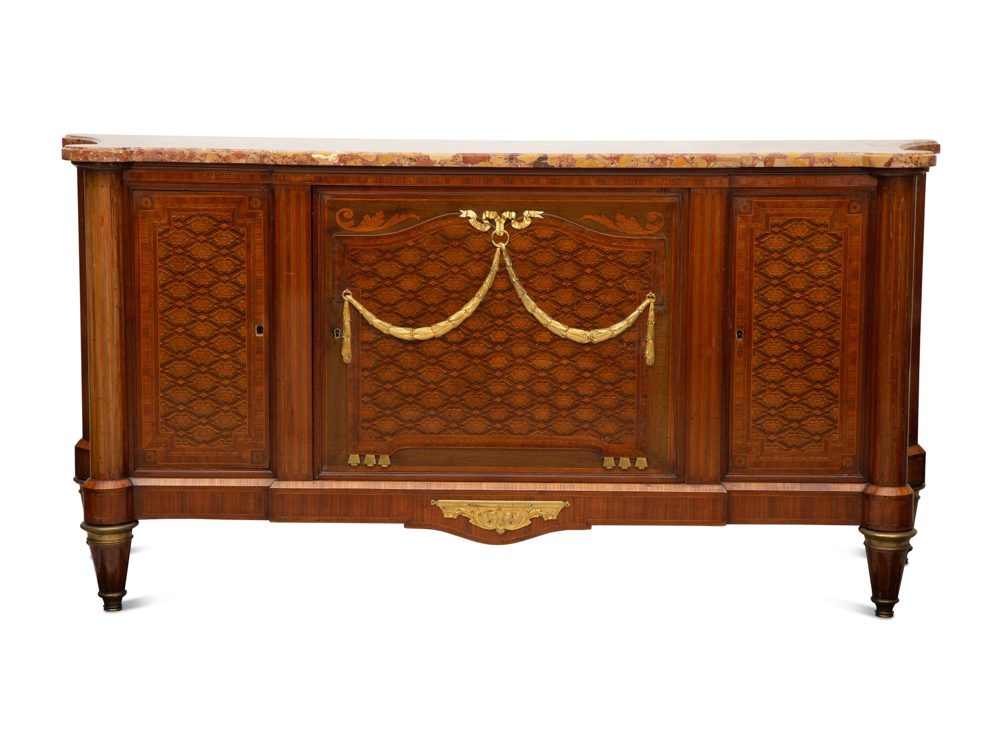 A Louis XVI Style Gilt Bronze Mounted Parquetry Marble-Top Commode