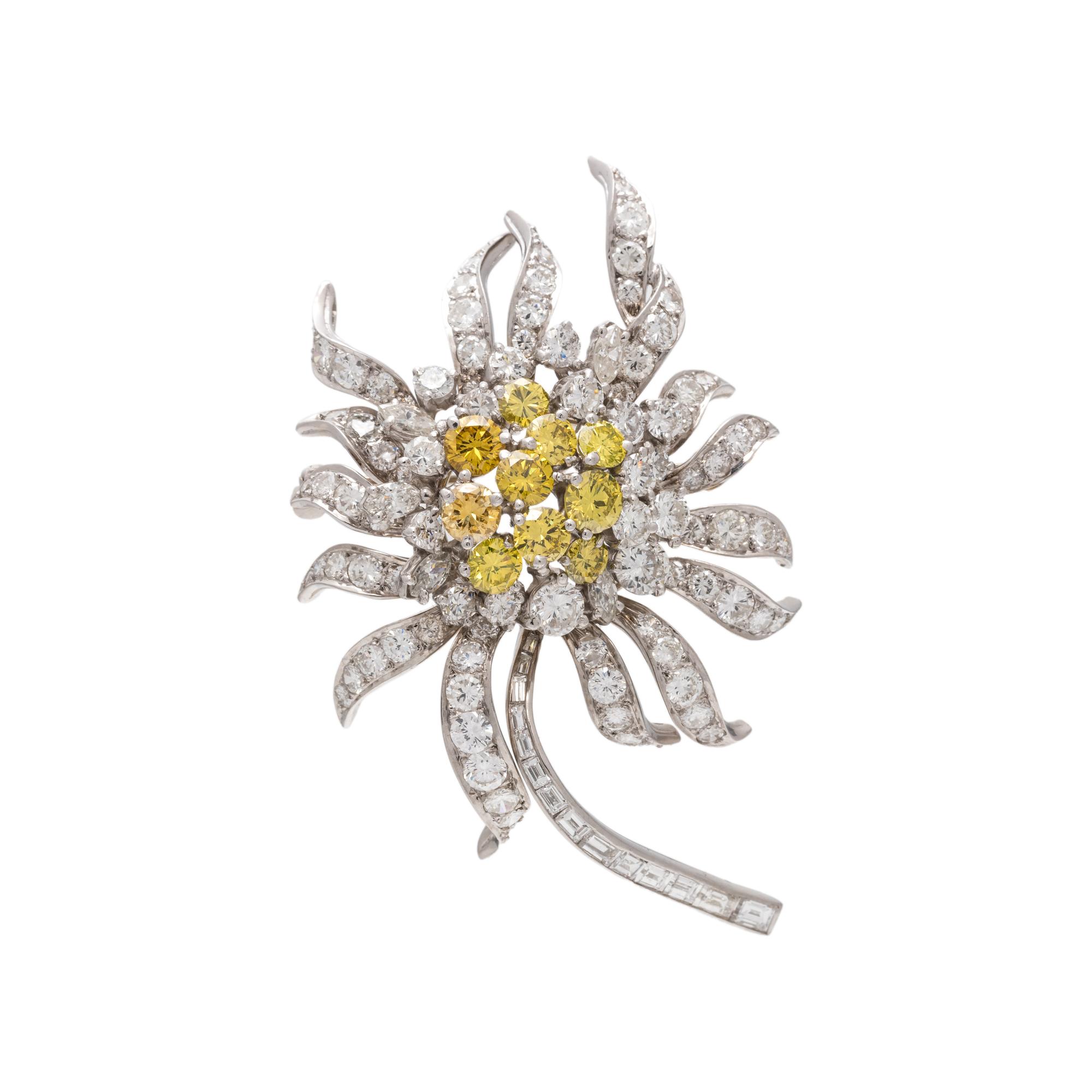 DIAMOND AND COLORED DIAMOND FLOWER BROOCH