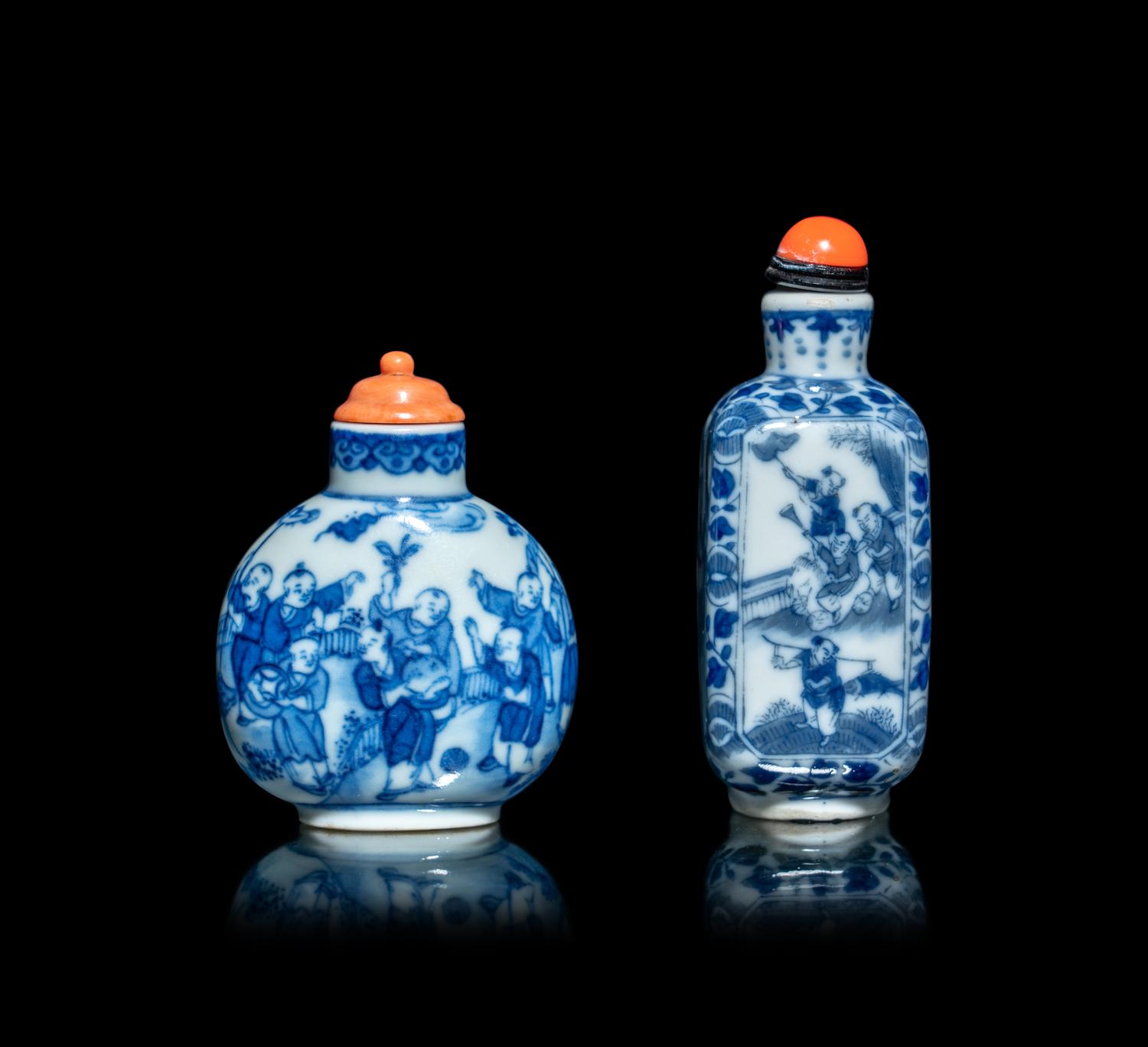 Two Chinese Blue and White Porcelain 'Boys' Snuff Bottles