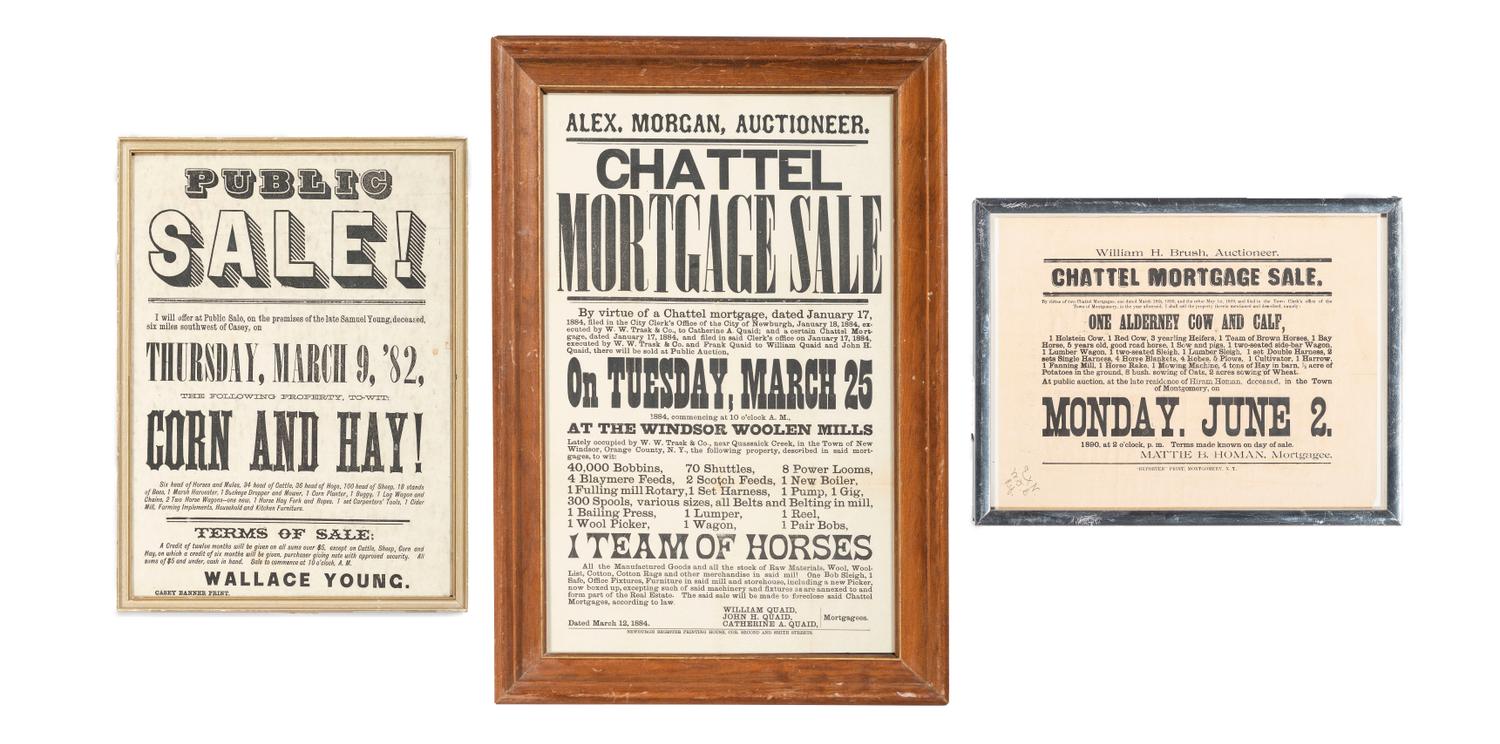 [ADVERTISING]. A group of 3 broadsides promoting chattel mortgage auctions and public sales of livestock and farming equipment, comprising: