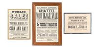 [ADVERTISING]. A group of 3 broadsides promoting chattel mortgage auctions and public sales of livestock and farming equipment, comprising: