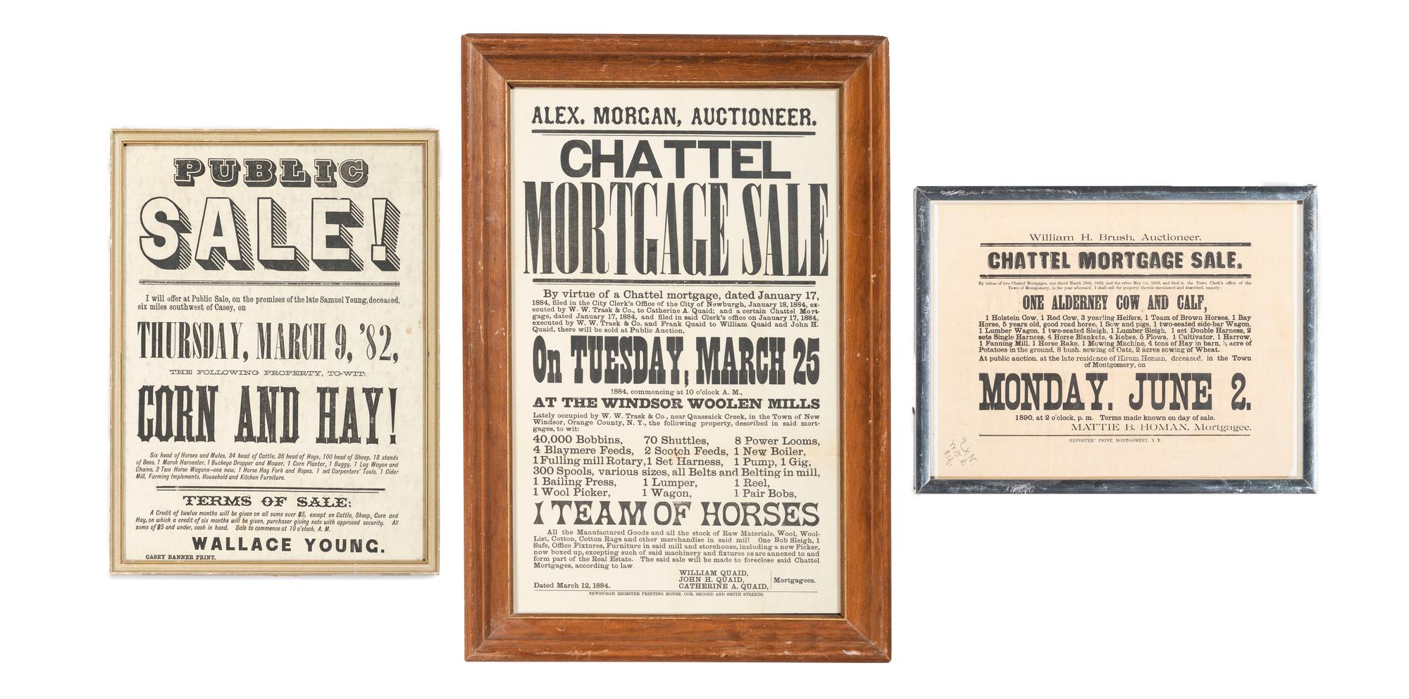 [ADVERTISING]. A group of 3 broadsides promoting chattel mortgage auctions and public sales of livestock and farming equipment, comprising: