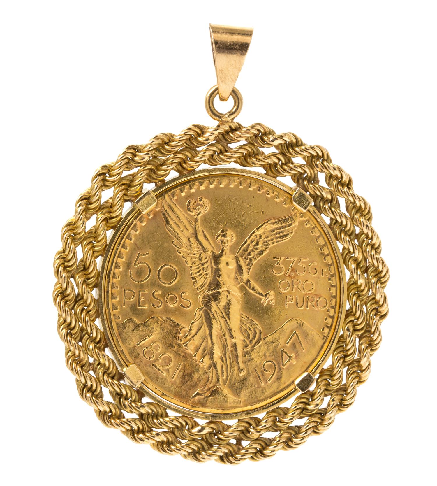 A Yellow Gold 50 Peso Mexican Coin Pendant, 43.10 dwts.