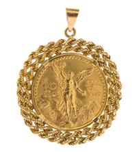 A Yellow Gold 50 Peso Mexican Coin Pendant, 43.10 dwts.