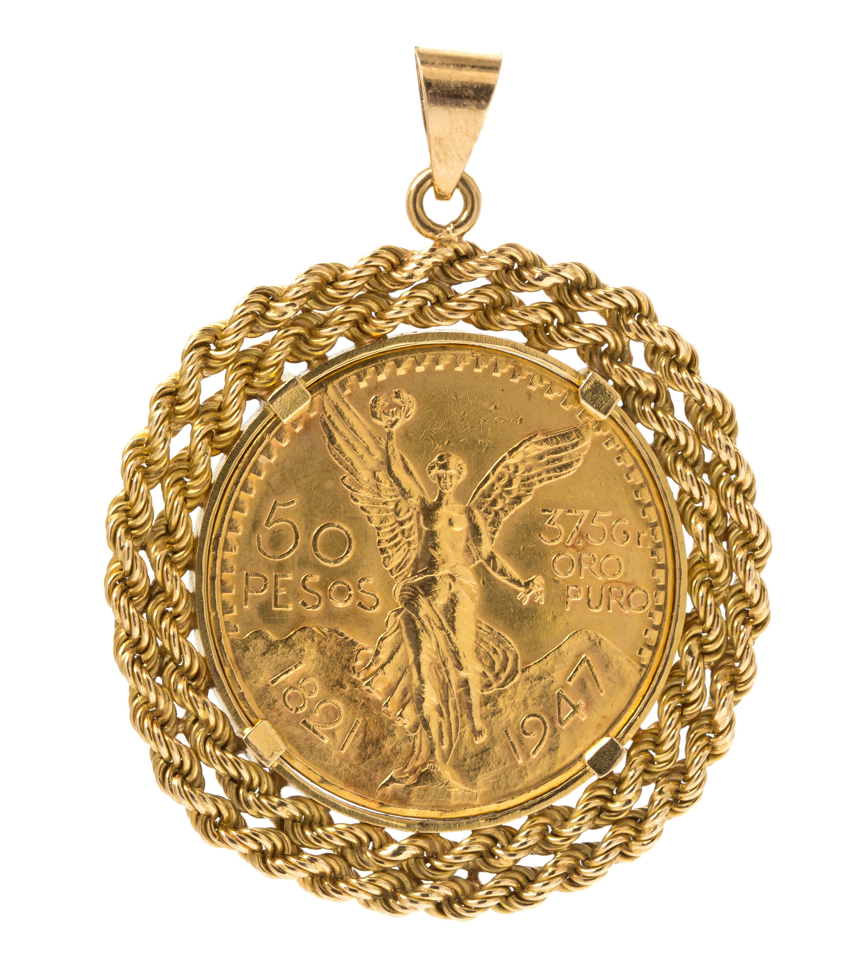 A Yellow Gold 50 Peso Mexican Coin Pendant, 43.10 dwts.