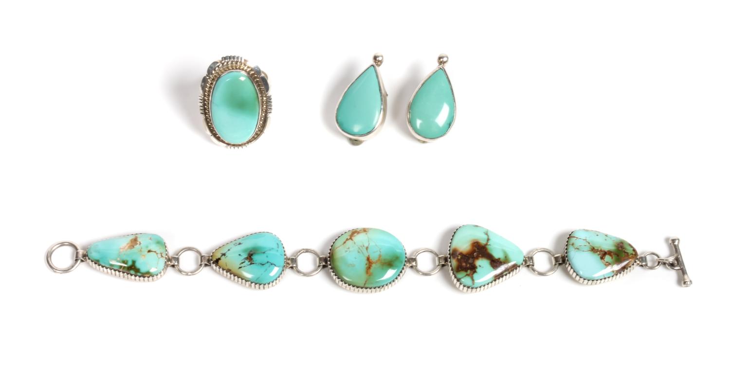 Three Navajo Silver and Turquoise Jewelry Articles Length of bracelet 6 1/2 inches