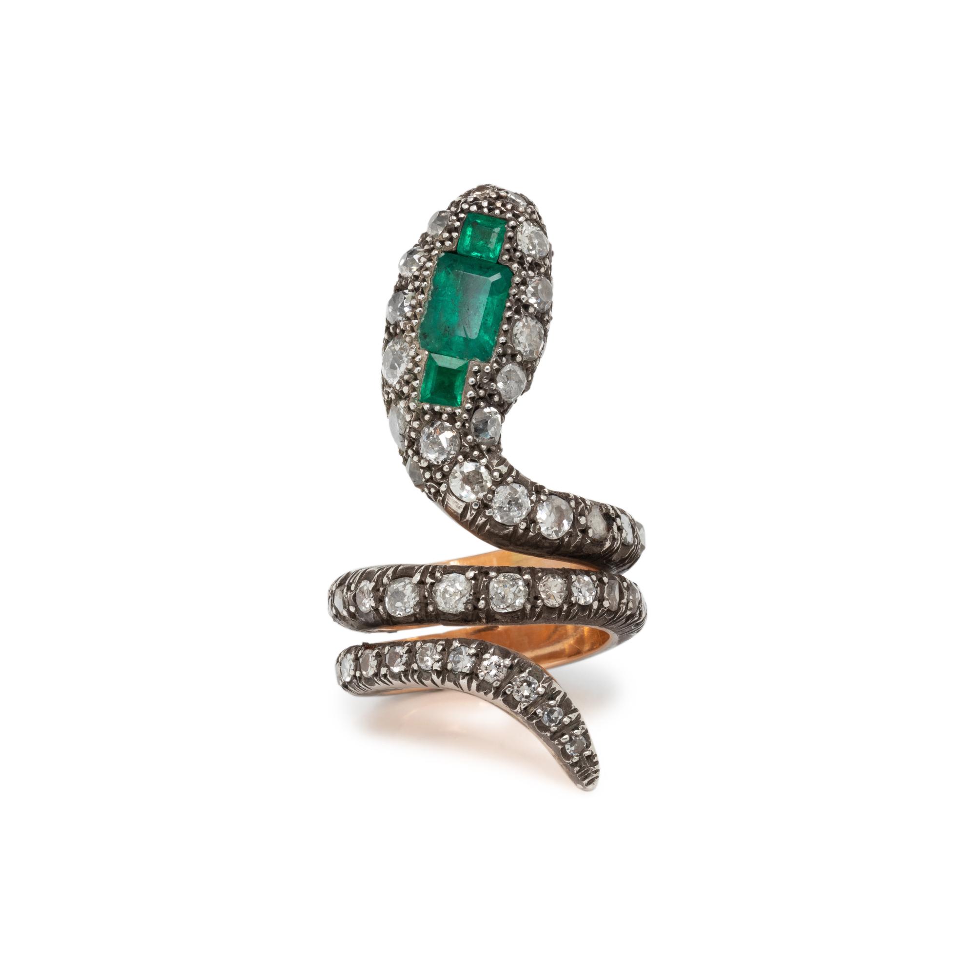 SILVER-TOPPED GOLD, EMERALD AND DIAMOND SNAKE RING