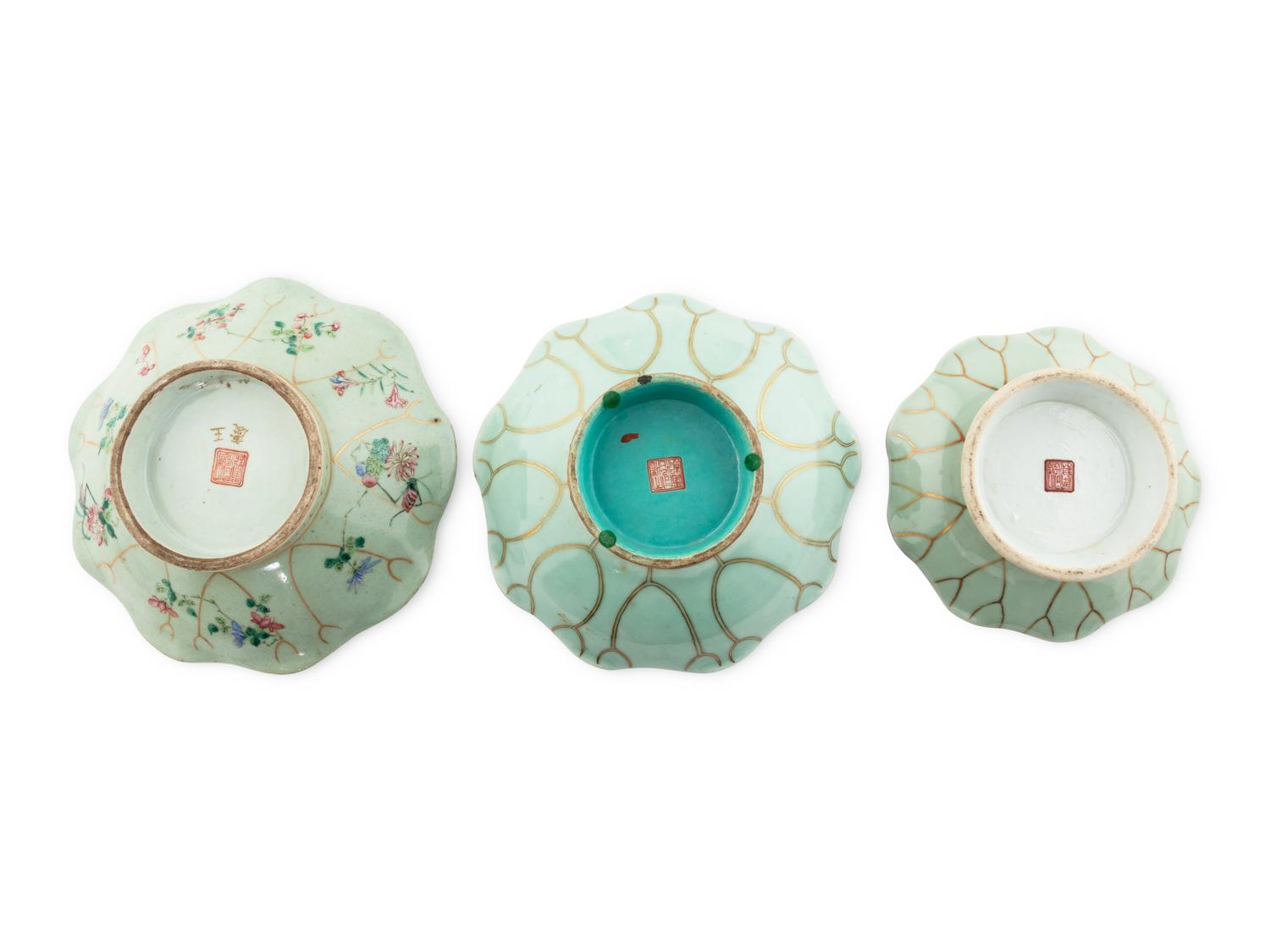 Three Chinese Celadon Glazed Famille Rose Porcelain Leaf-Form Fishes