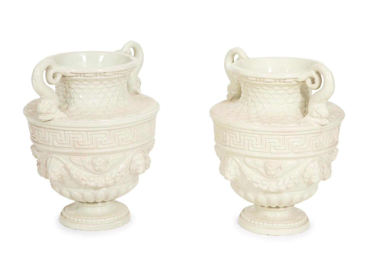 A Pair of Italian White Glazed Ceramic Urns