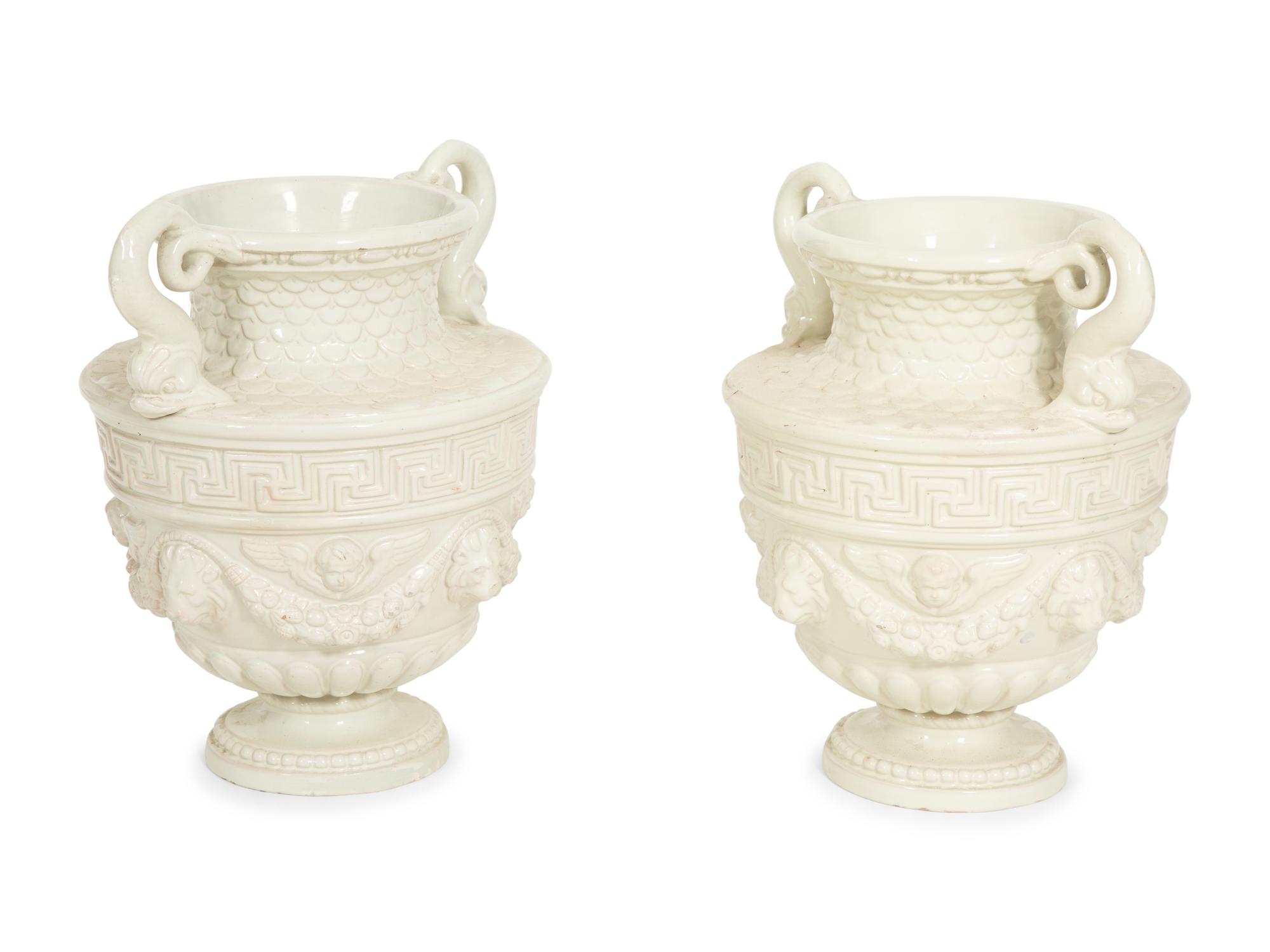 A Pair of Italian White Glazed Ceramic Urns
