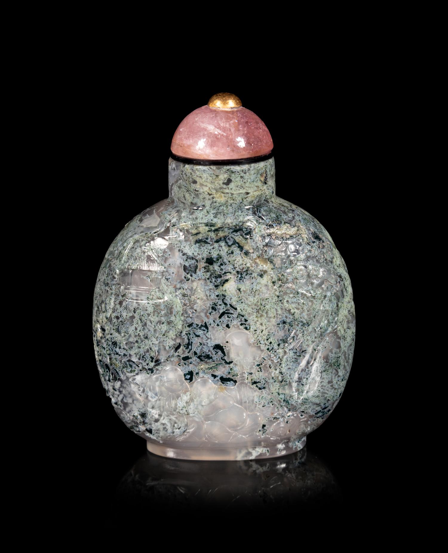 A Chinese Carved Moss Agate Snuff Bottle