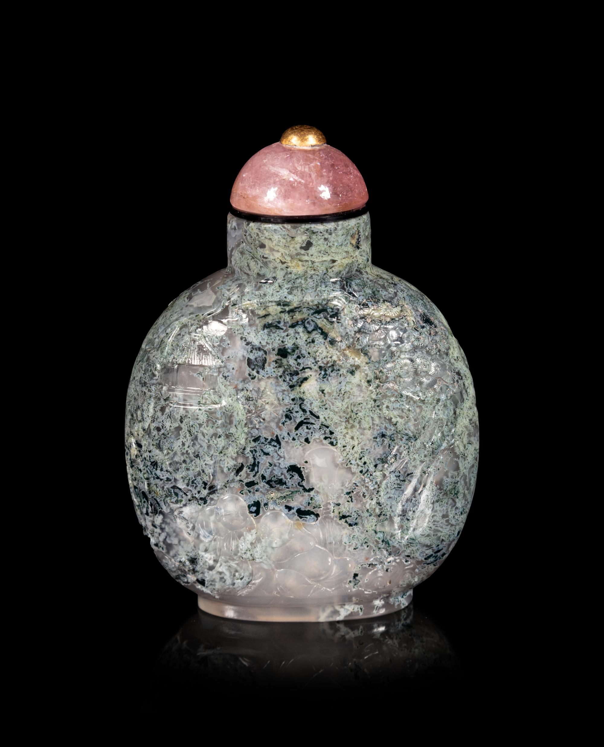 A Chinese Carved Moss Agate Snuff Bottle
