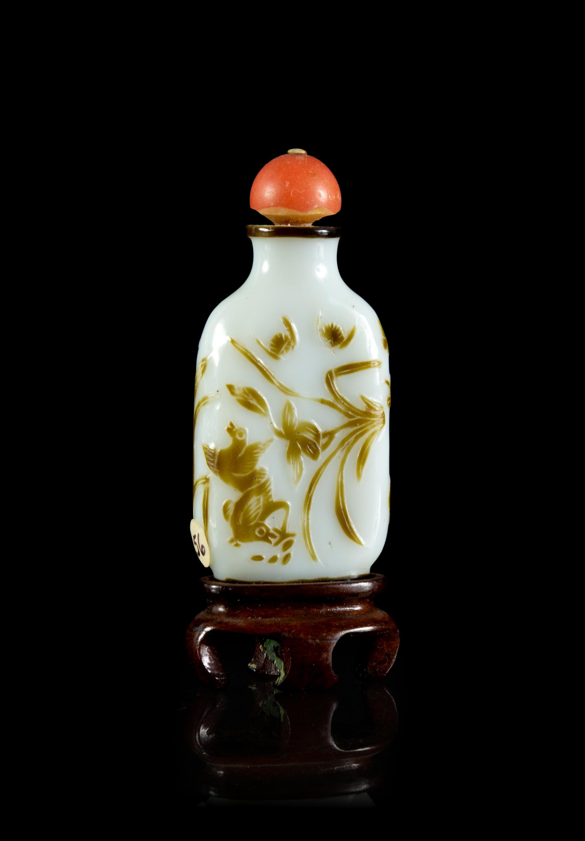 A Chinese Yellowish-Brown Overlay White Peking Glass Snuff Bottle
