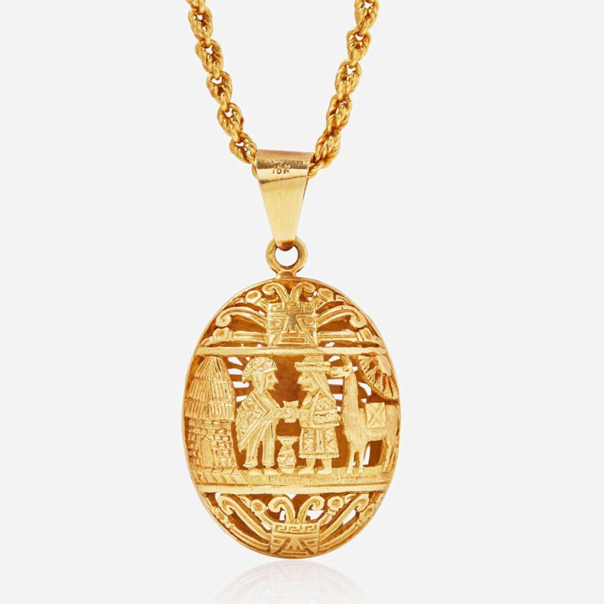 A Yellow Gold Peruvian Pendant and Chain