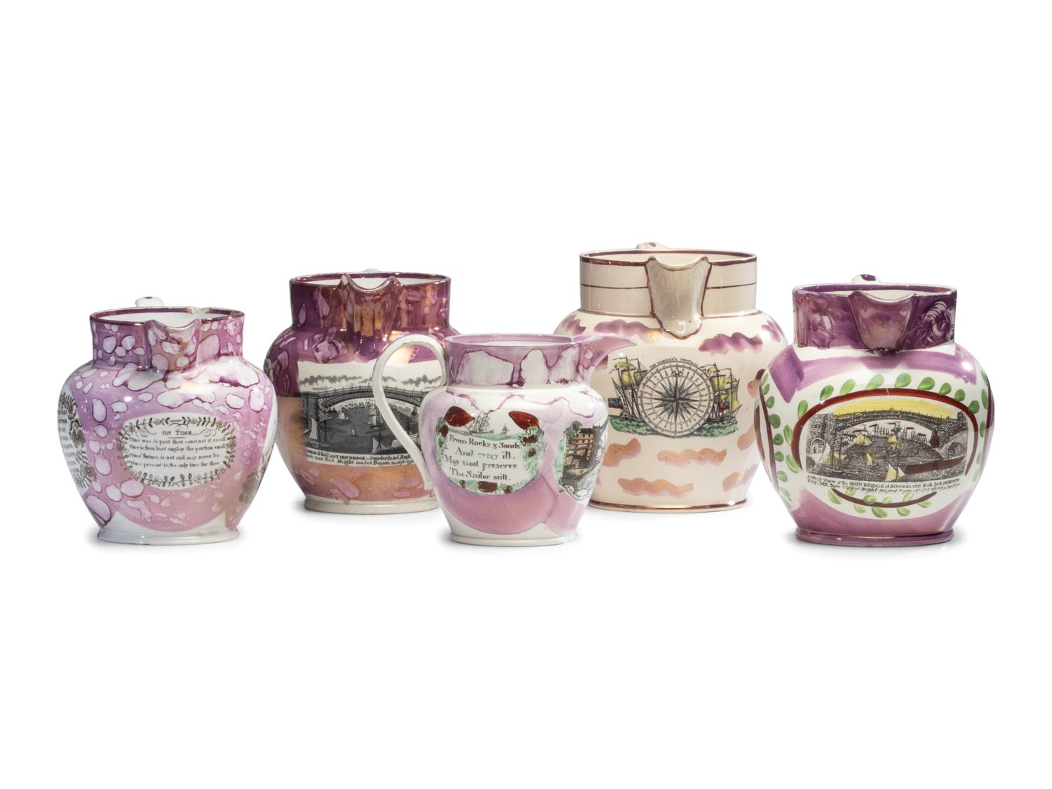 Five Sunderland Luster Jugs