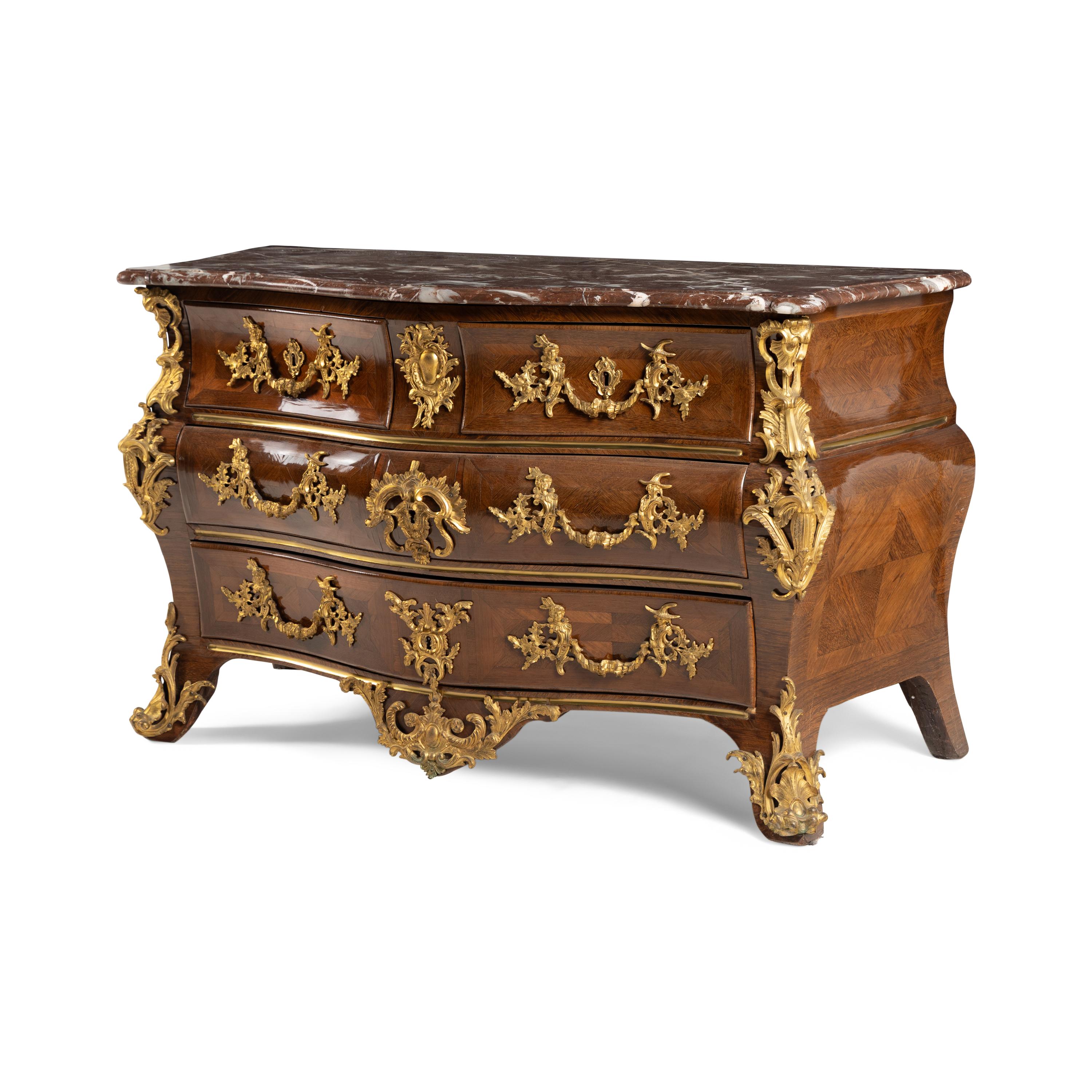 A Louis XV Kingwood Parquetry and Gilt Bronze Mounted Marble-Top Commode