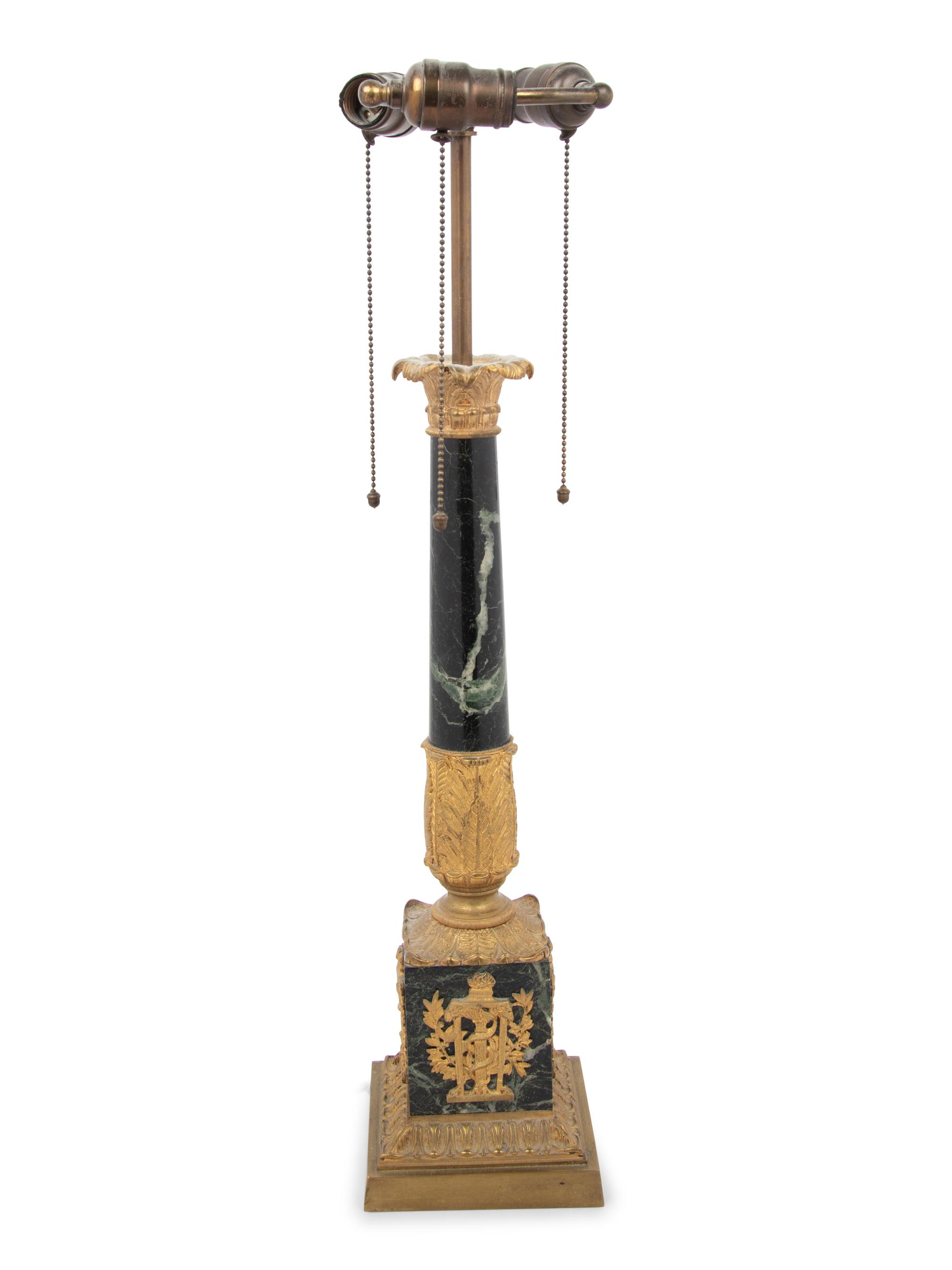 An Empire Style Gilt Metal and Marble Columnar Lamp