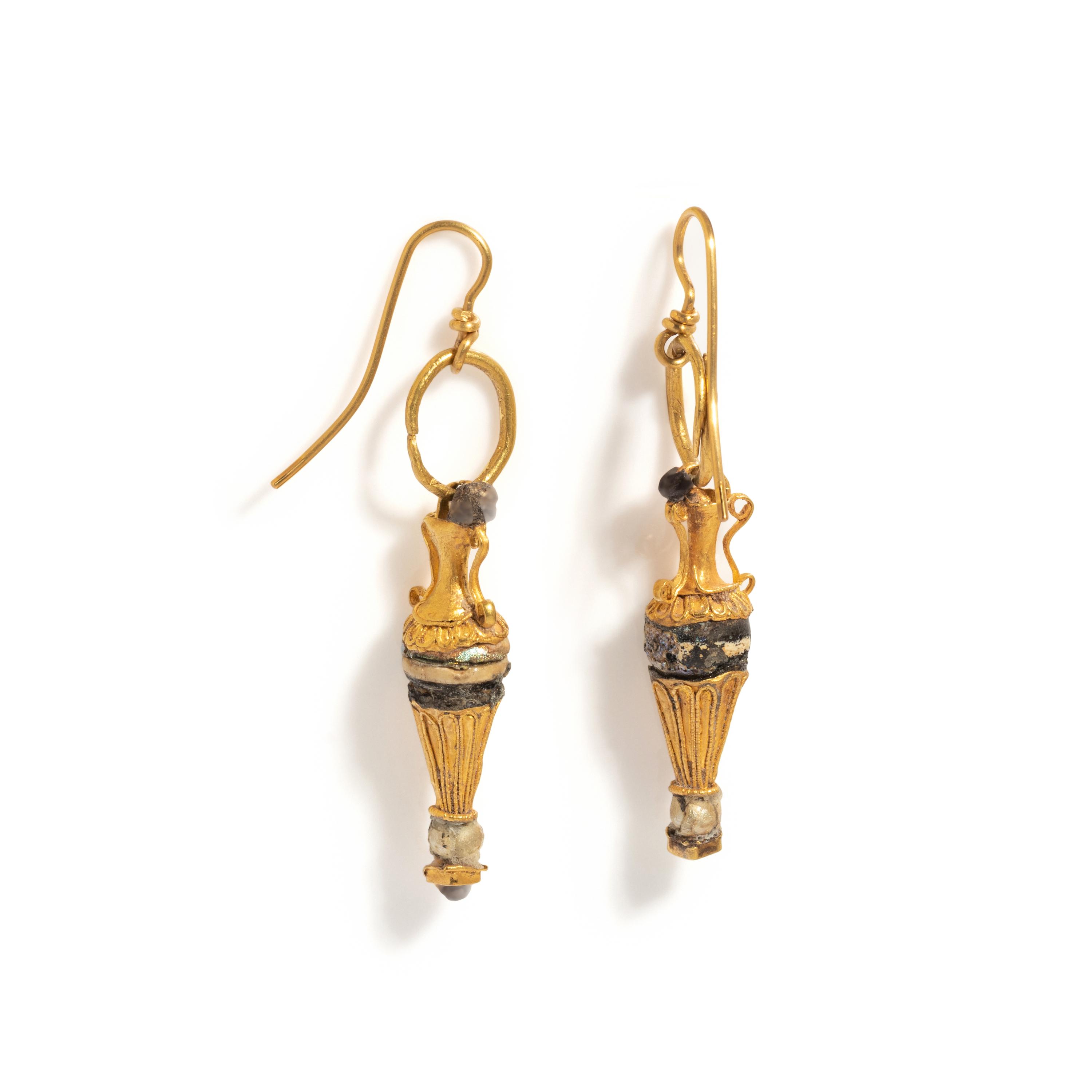 A Pair of Roman Gold and Pearl Amphora Earrings