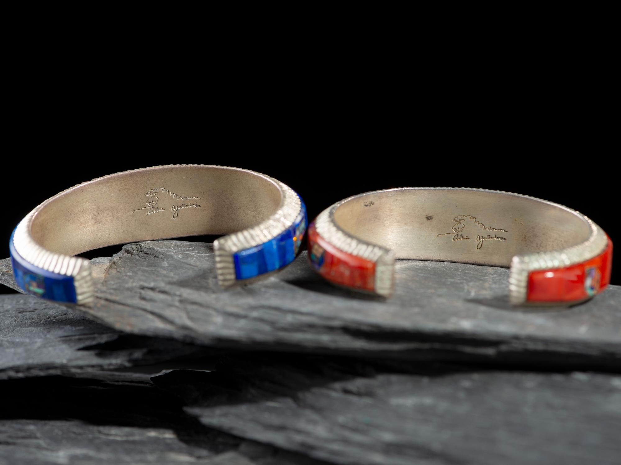 Pair of Sterling Silver and Mosaic Inlay Cuff Bracelets, with Rubix's Cube Design