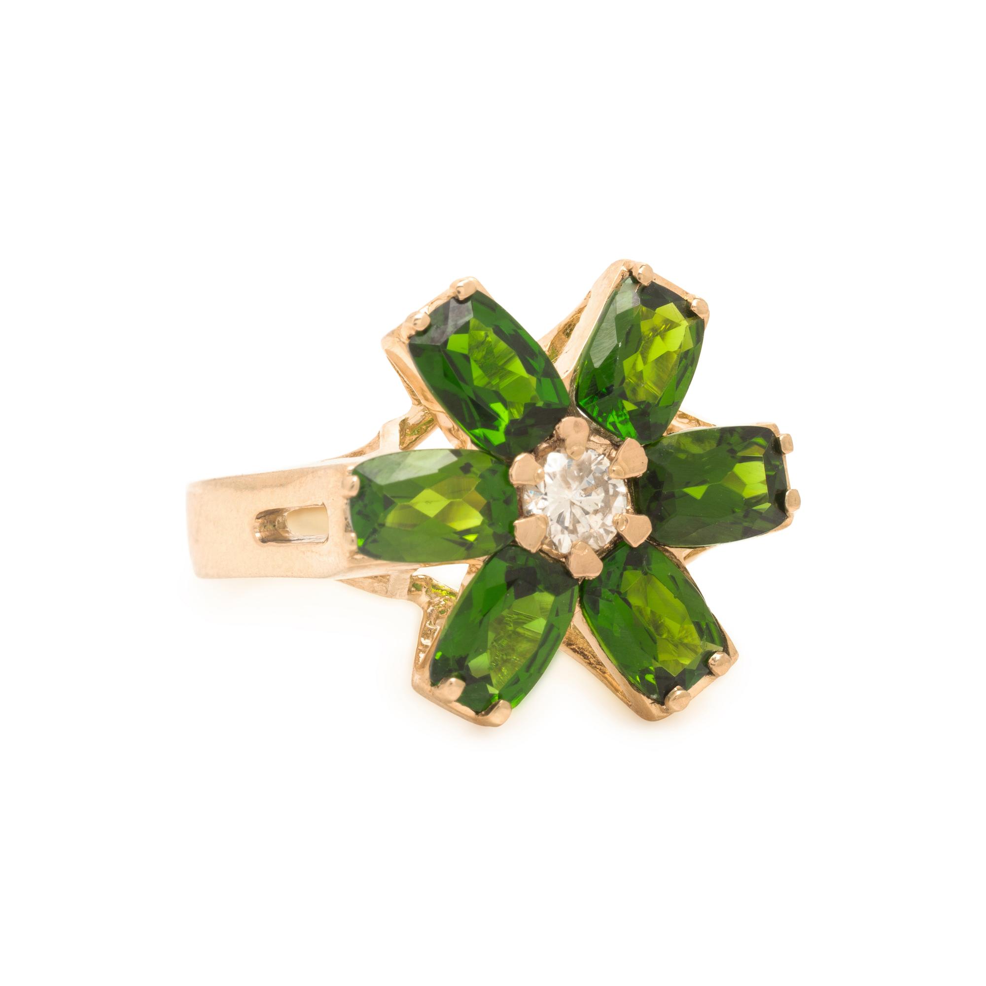 Chrome Diopside, Diamond, and Yellow Gold Flower Ring