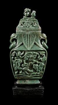 A Spinach Jade Covered Vase, Fanghu Height 15 inches. — EARLY 20TH CENTURY