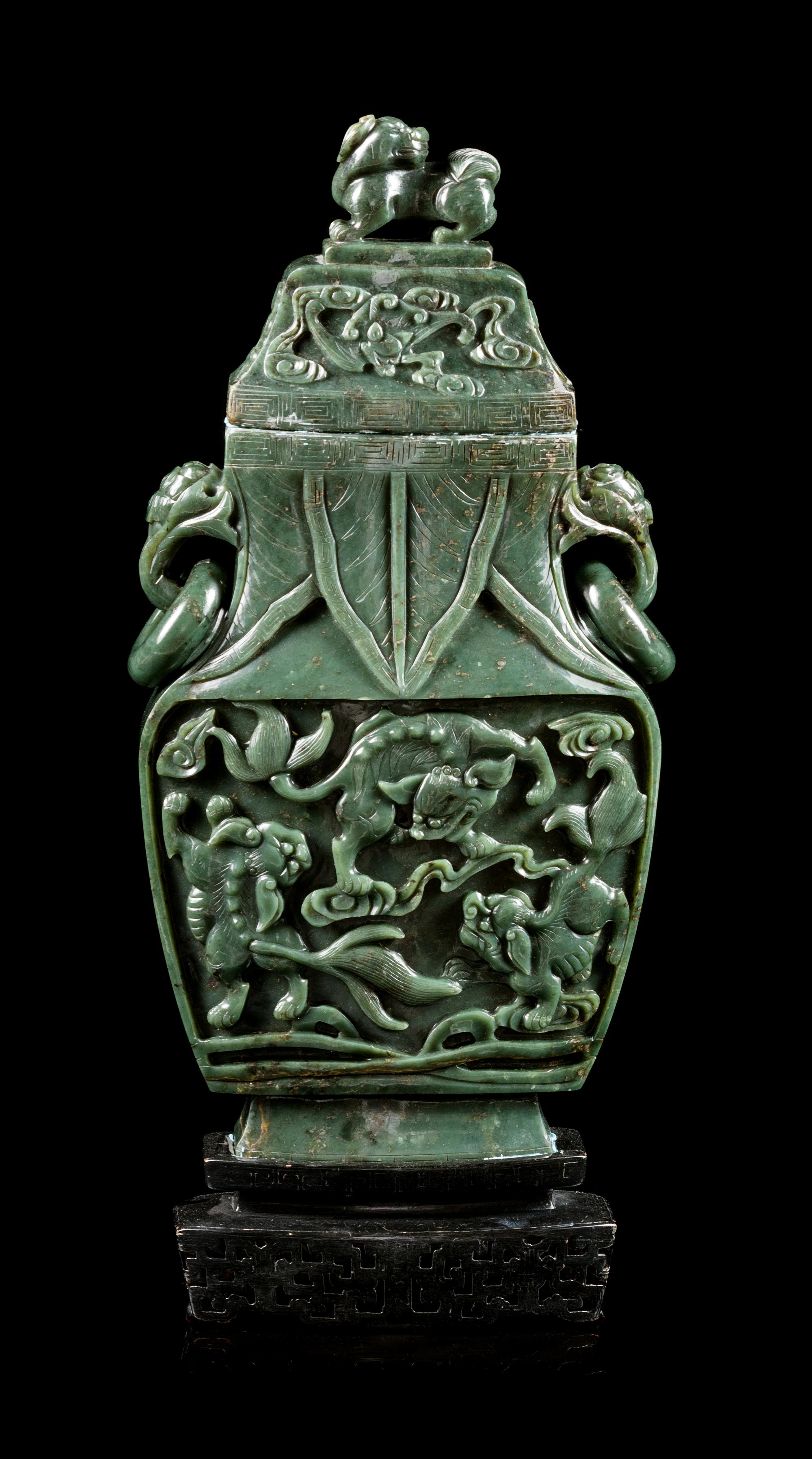 A Spinach Jade Covered Vase, Fanghu Height 15 inches. — EARLY 20TH CENTURY