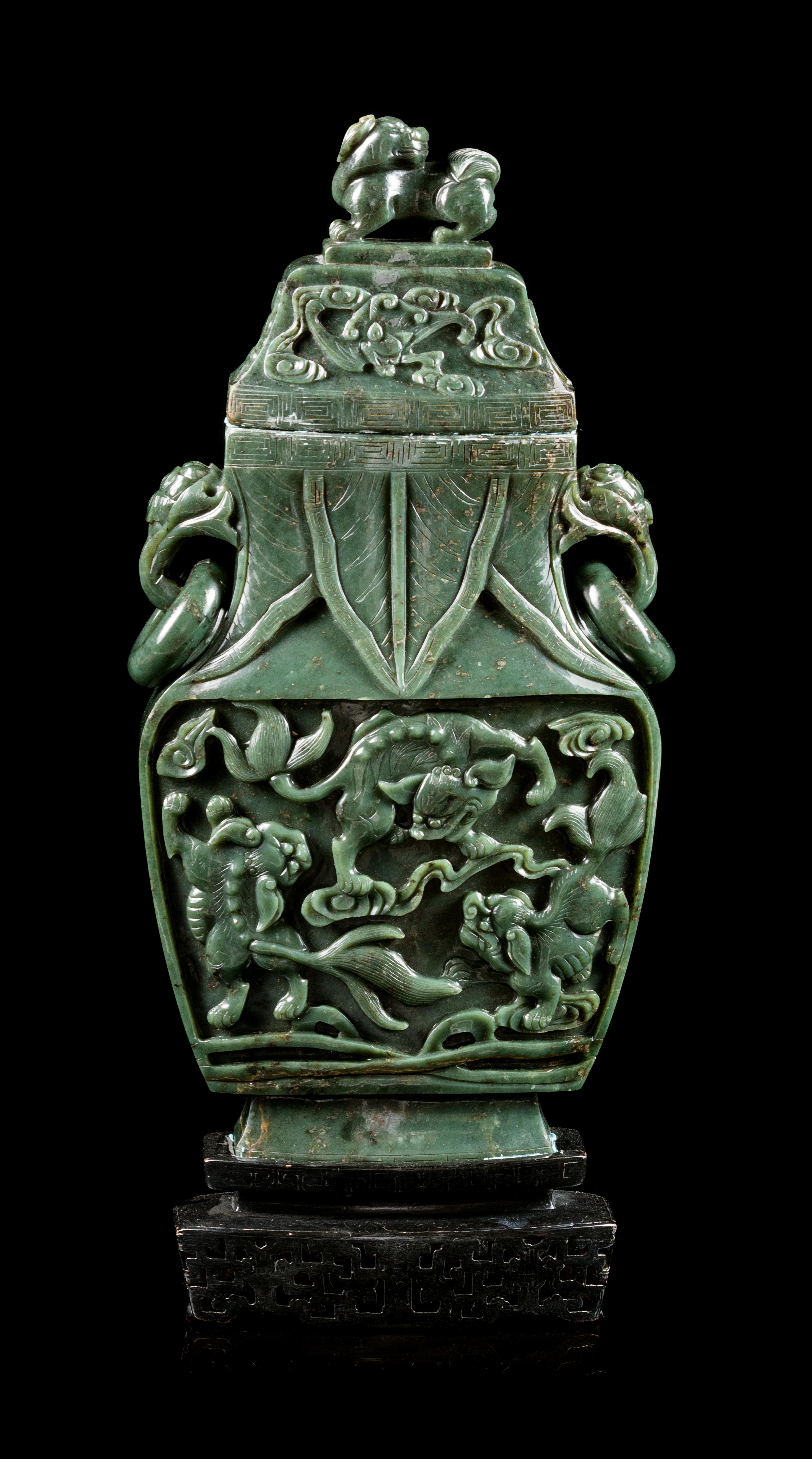 A Spinach Jade Covered Vase, Fanghu Height 15 inches. — EARLY 20TH CENTURY